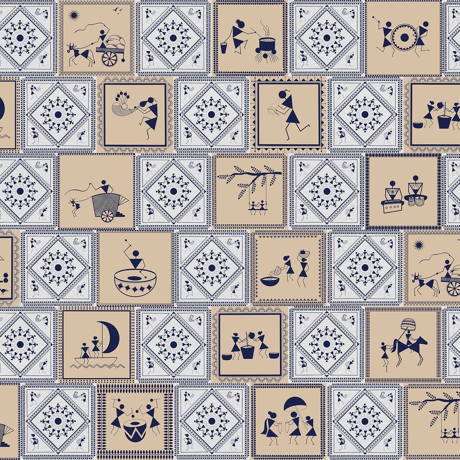 Traditional Indian Warli folk art scenes alternating with geometric patterns in navy and beige - view 2 - final