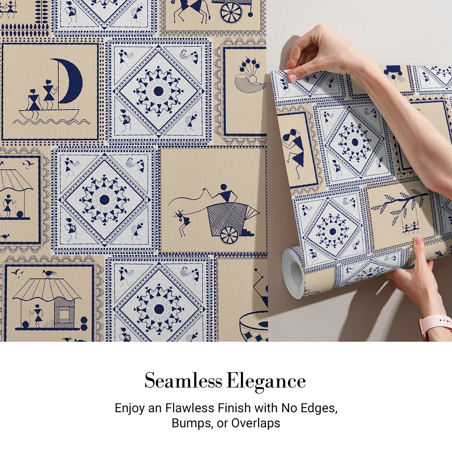 Traditional Indian Warli folk art scenes alternating with geometric patterns in navy and beige - view 3 - final