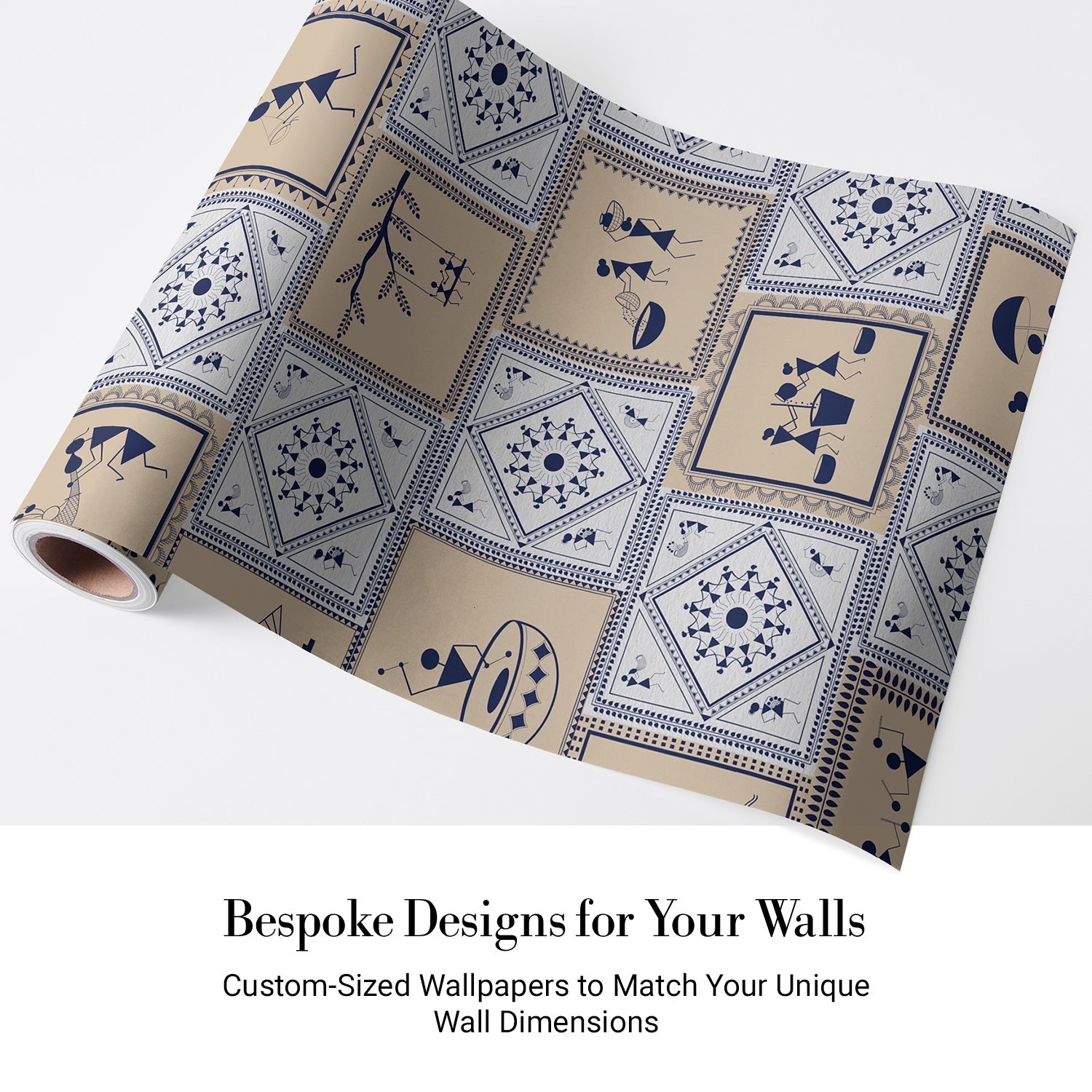 Traditional Indian Warli folk art scenes alternating with geometric patterns in navy and beige - view 4 - final