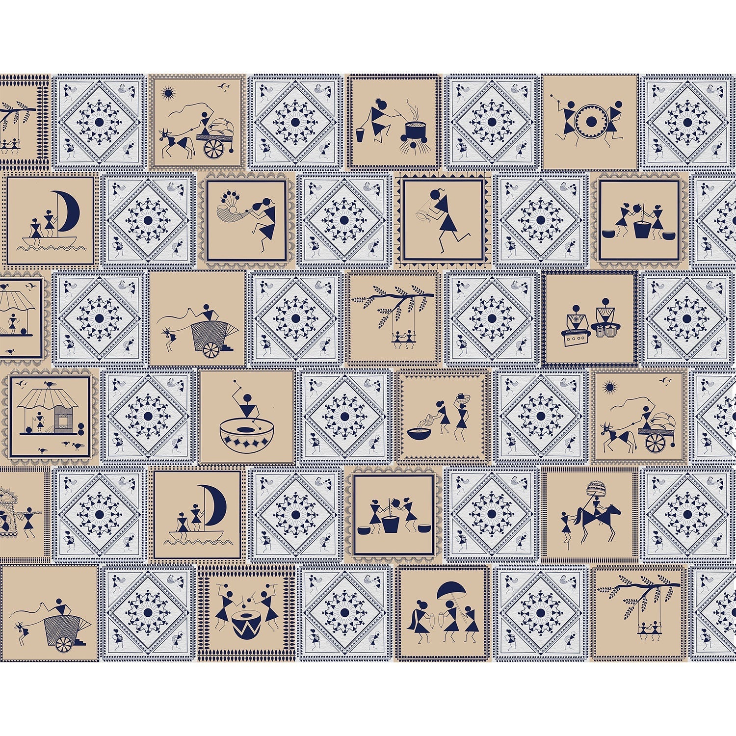Traditional Indian Warli folk art scenes alternating with geometric patterns in navy and beige - view 5 - mural-equal - final