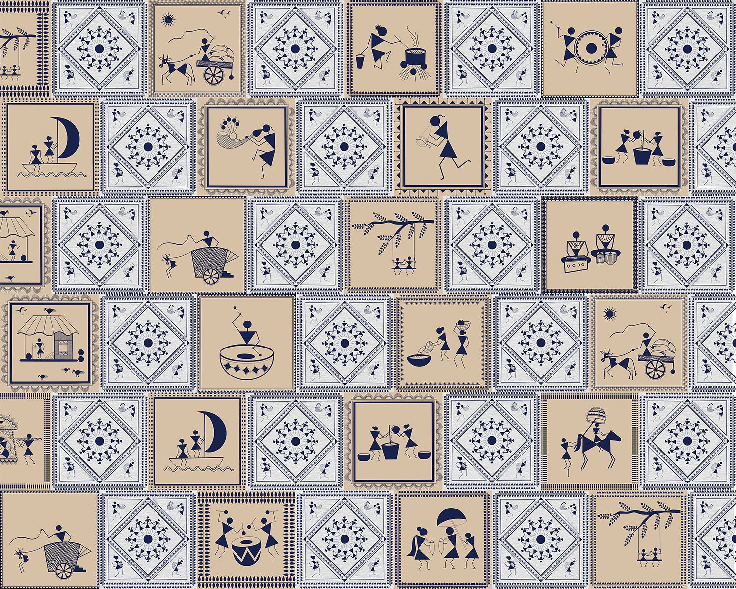Traditional Indian Warli folk art scenes alternating with geometric patterns in navy and beige - view 6 - mural-inequal - final
