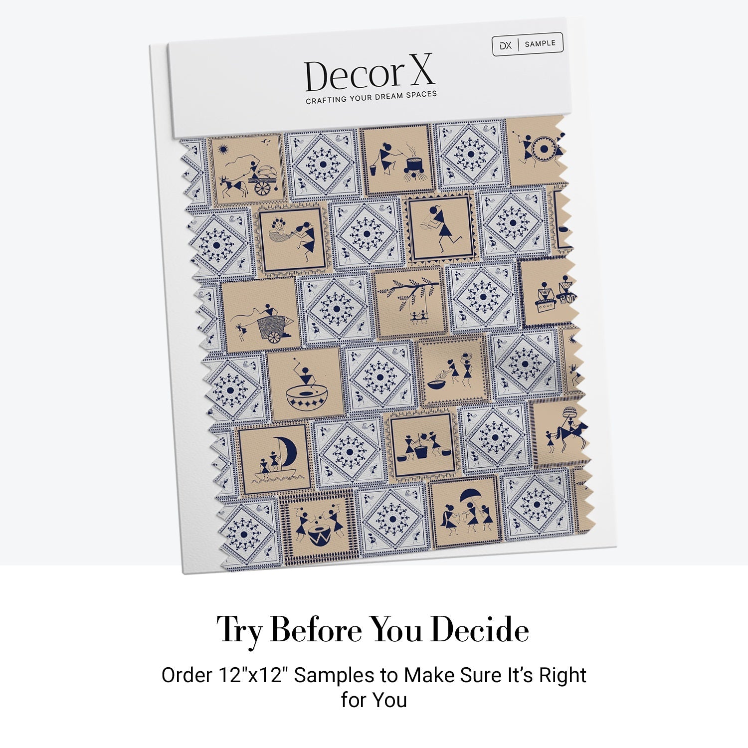 Traditional Indian Warli folk art scenes alternating with geometric patterns in navy and beige - view 7 - final all-groups samples