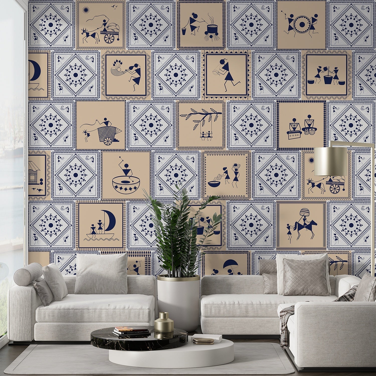 Traditional Indian Warli folk art scenes alternating with geometric patterns in navy and beige - final living-room