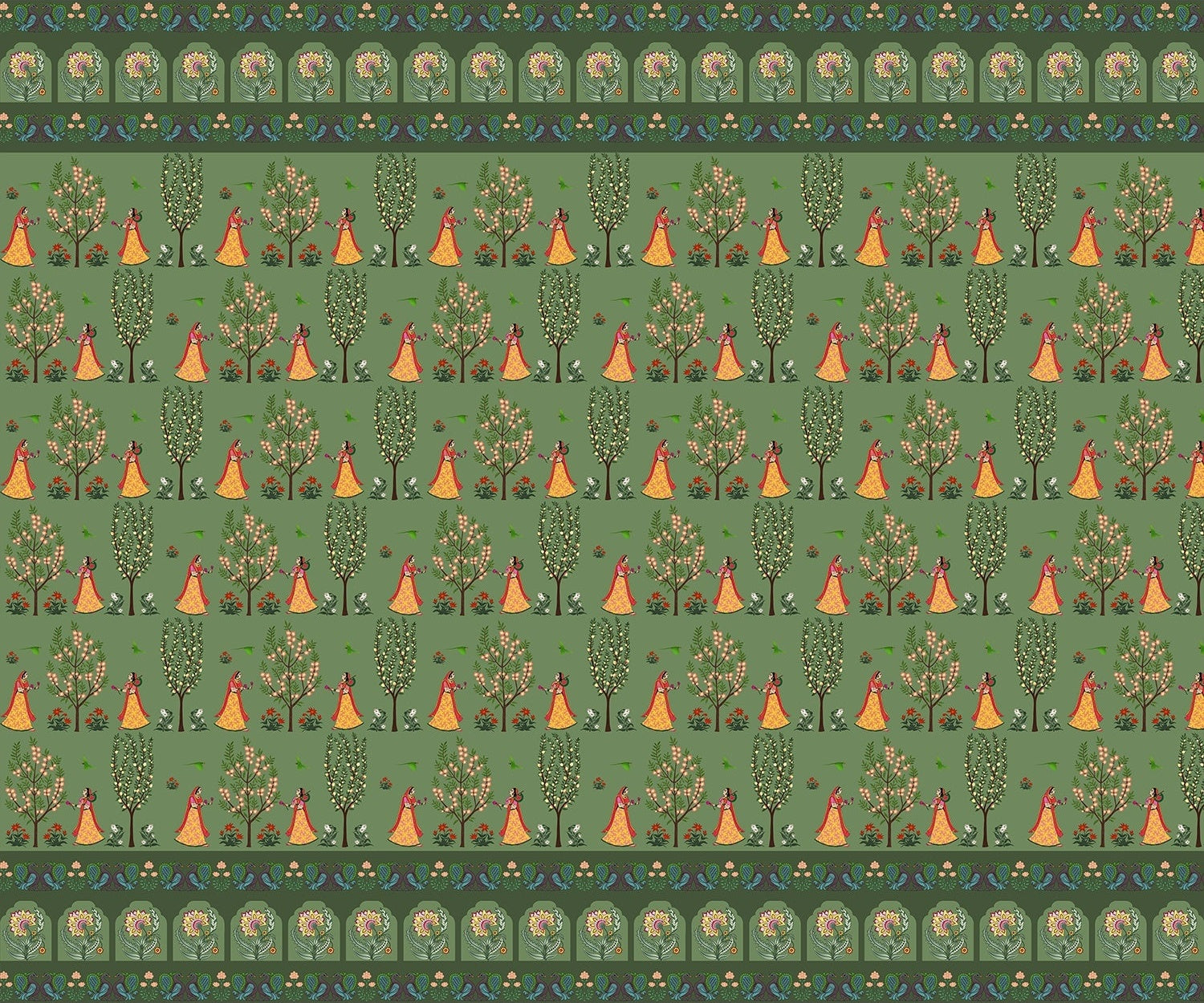 "Ornamental tribal folk art in lea - mughal wallpaper mural-inequal final"