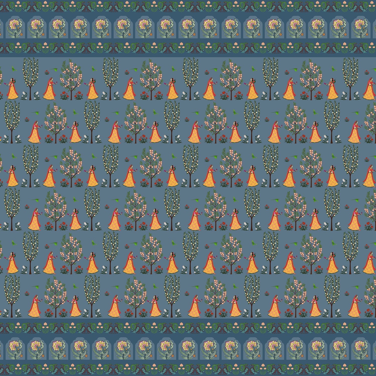 Repeating pattern of orange teepees and decorative trees on brown background with traditional border - view 12 - final