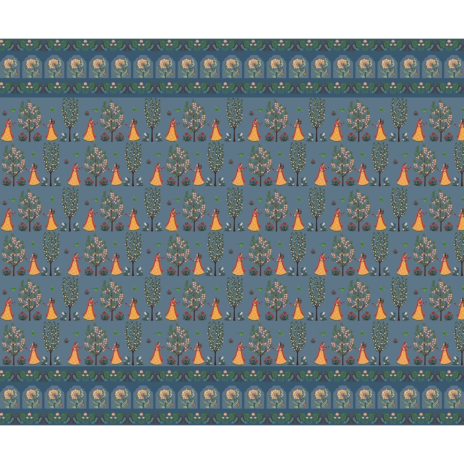 "Ornamental tribal folk art in lea - mughal wallpaper mural-equal final"