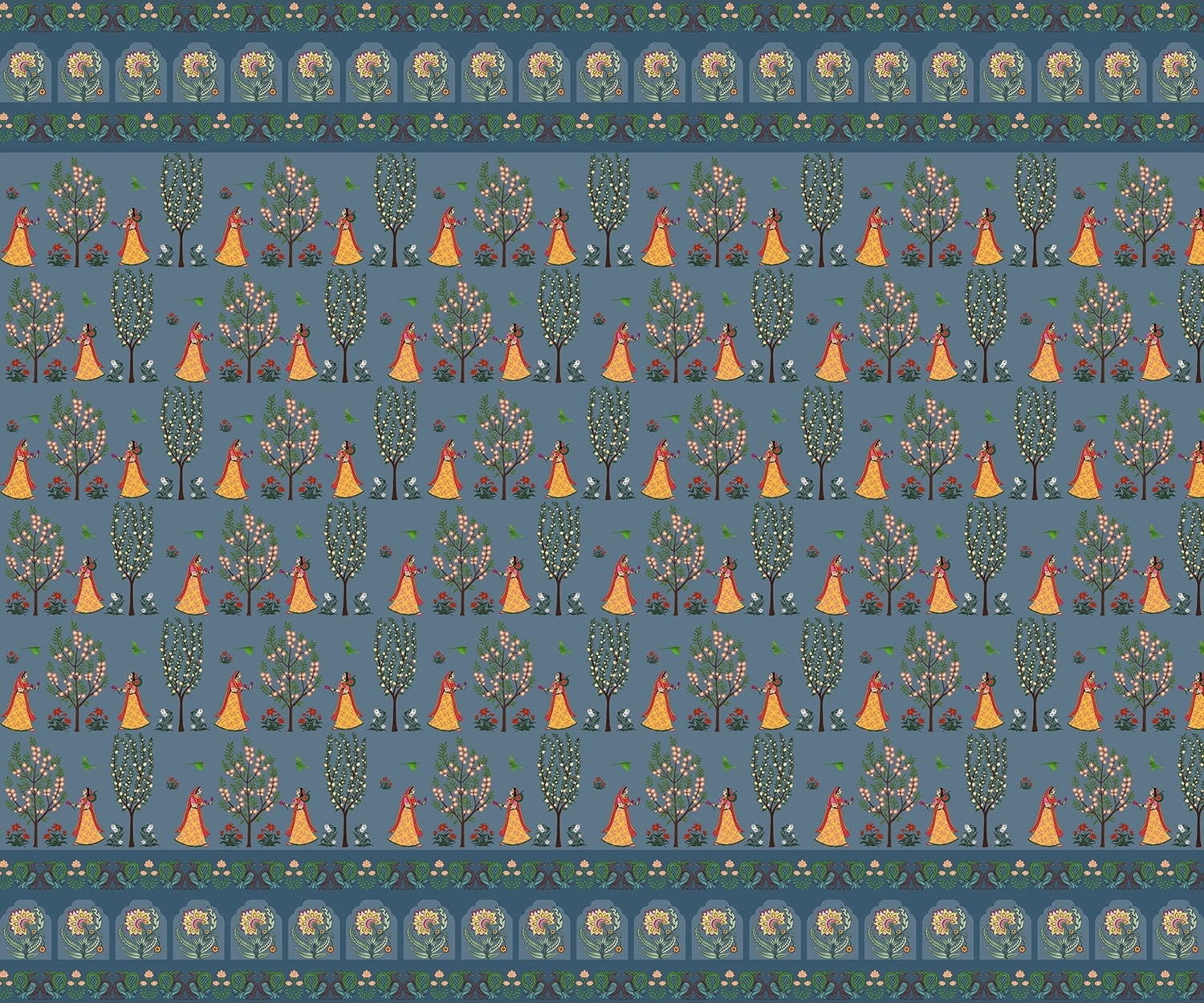 "Ornamental tribal folk art in lea - mughal wallpaper mural-inequal final"