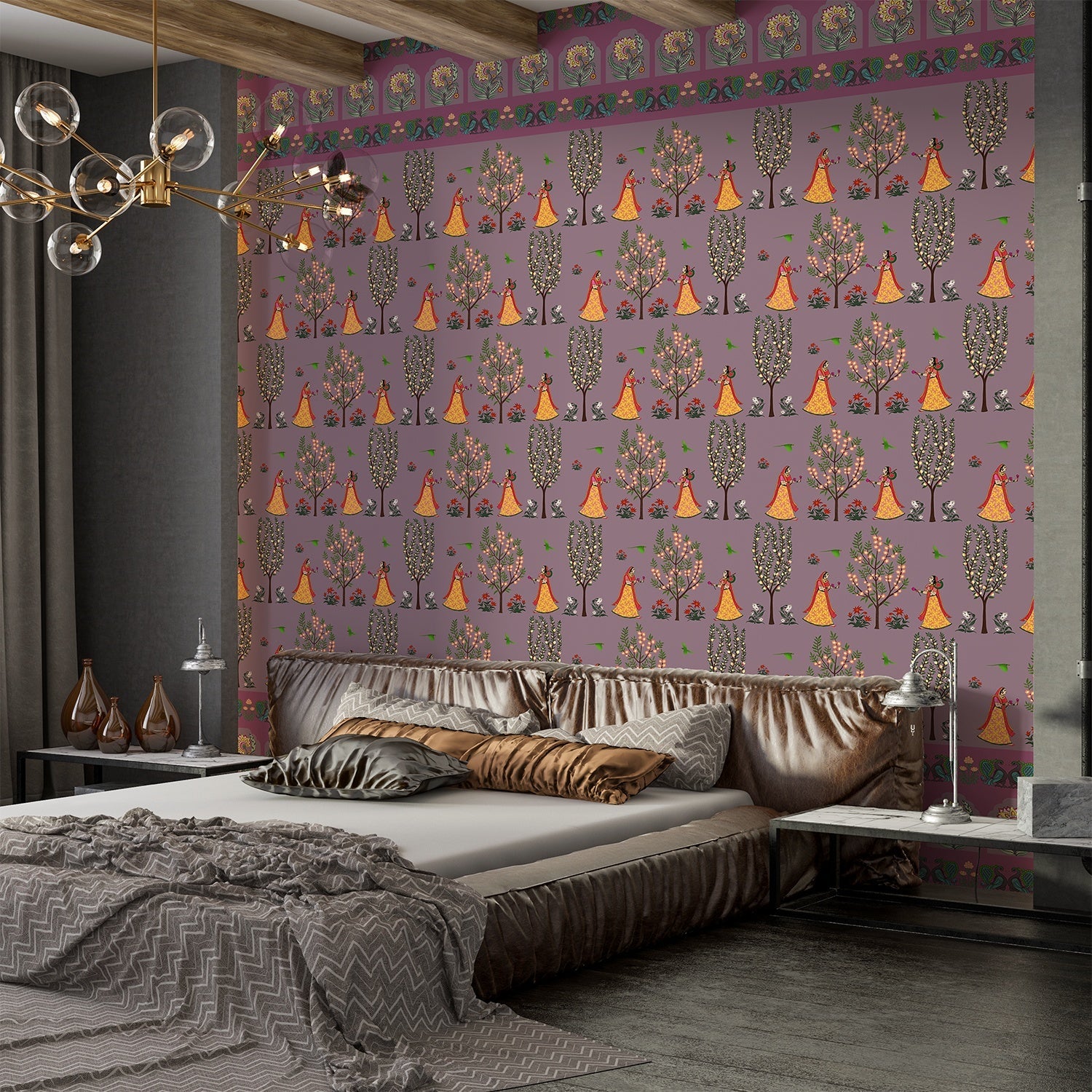 Repeating pattern of orange teepees and decorative trees on brown background with traditional border - view 15 - final