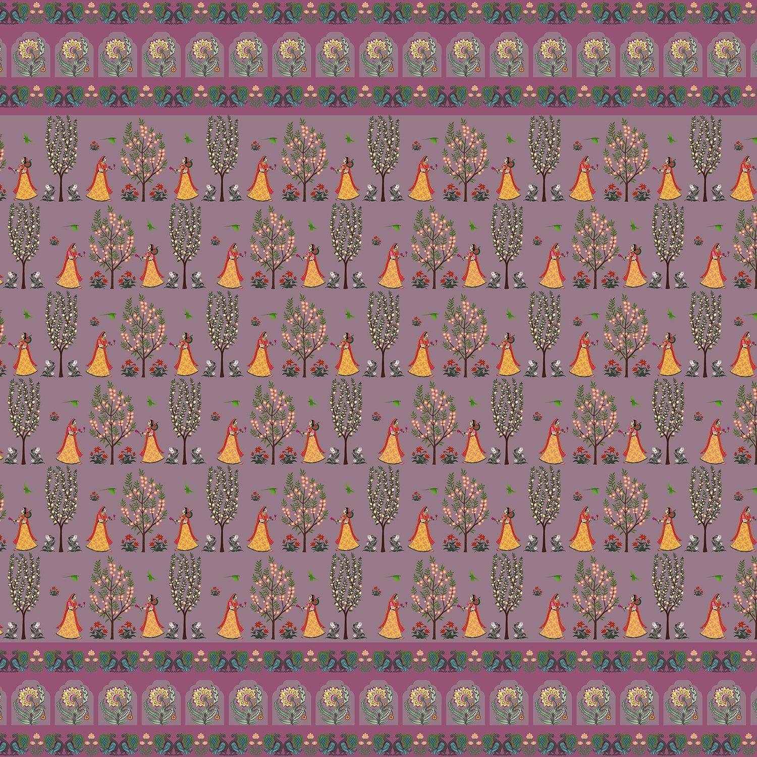 Repeating pattern of orange teepees and decorative trees on brown background with traditional border - view 16 - final