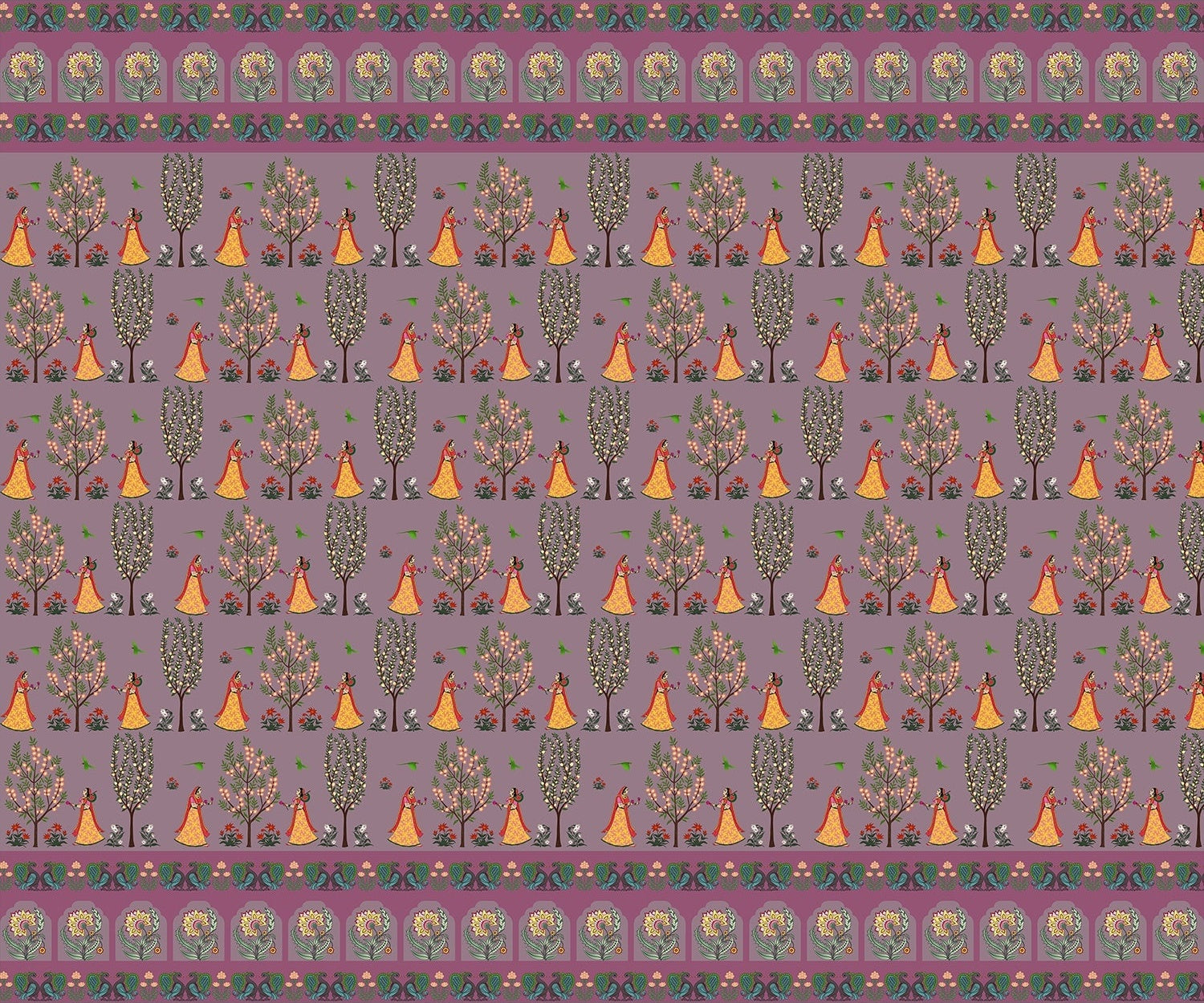 "Ornamental tribal folk art in lea - mughal wallpaper mural-inequal final"