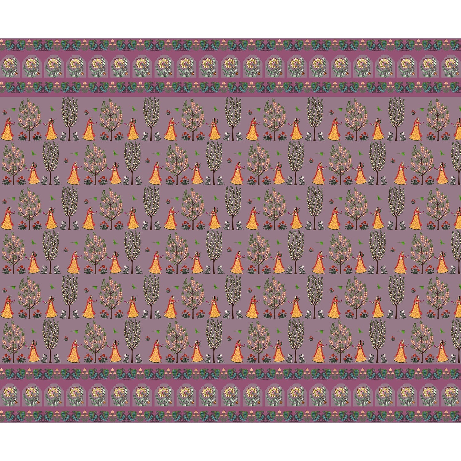 "Ornamental tribal folk art in lea - mughal wallpaper mural-equal final"