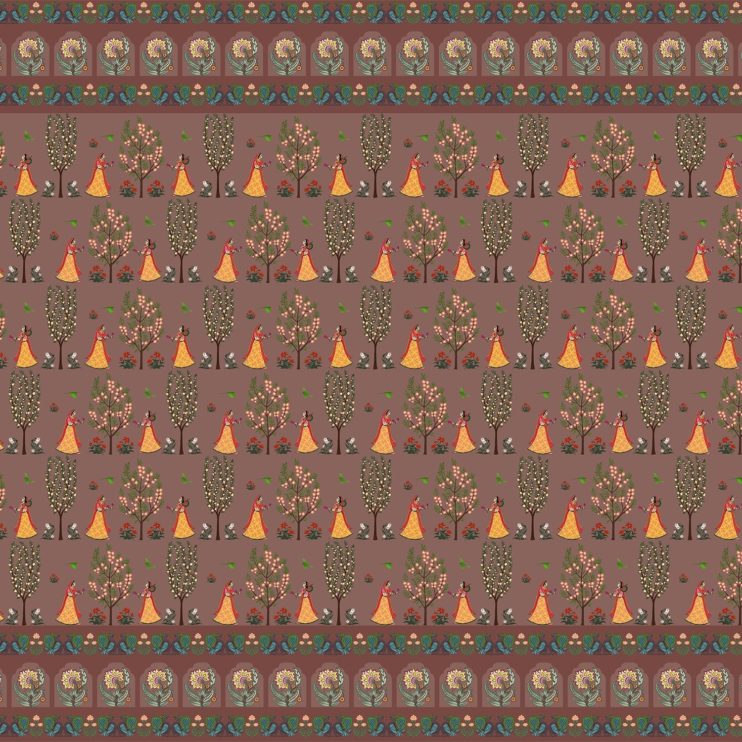 Repeating pattern of orange teepees and decorative trees on brown background with traditional border - view 2 - final