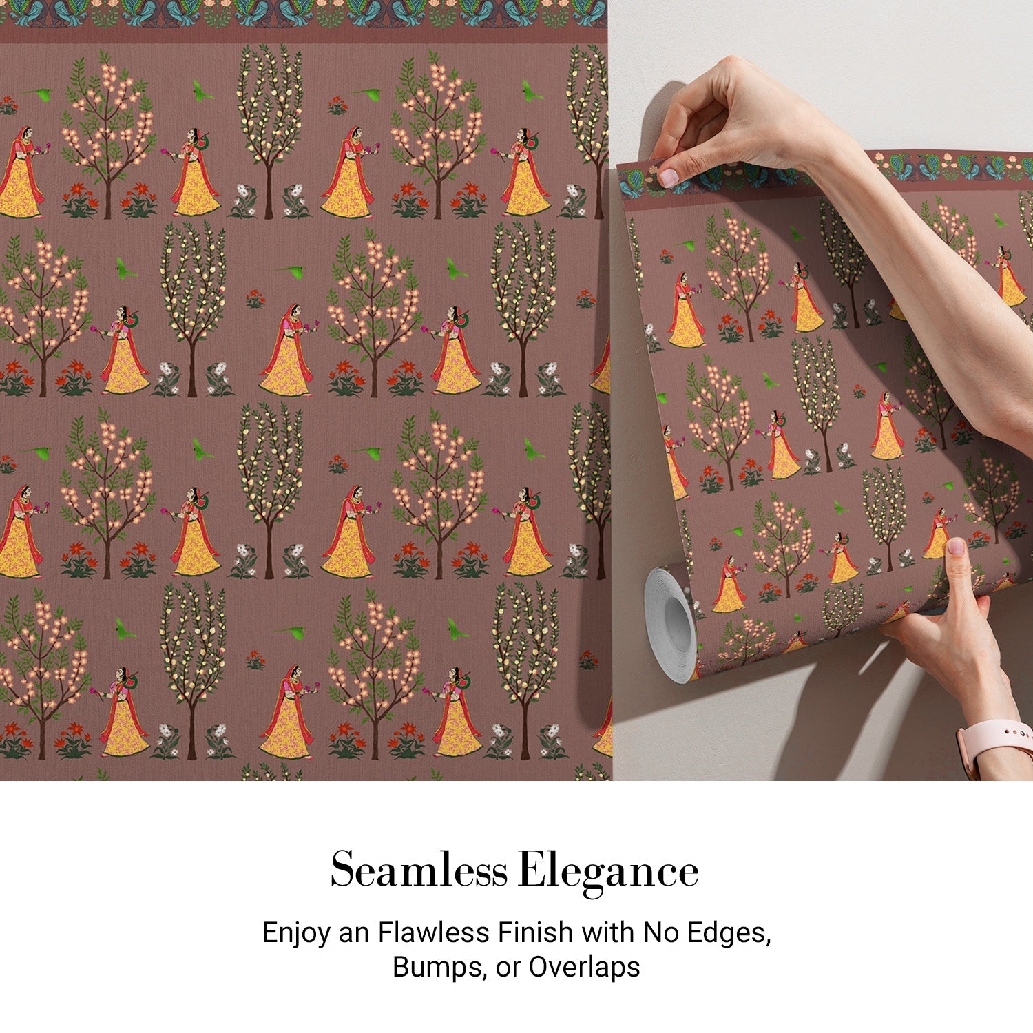 Repeating pattern of orange teepees and decorative trees on brown background with traditional border - view 3 - final