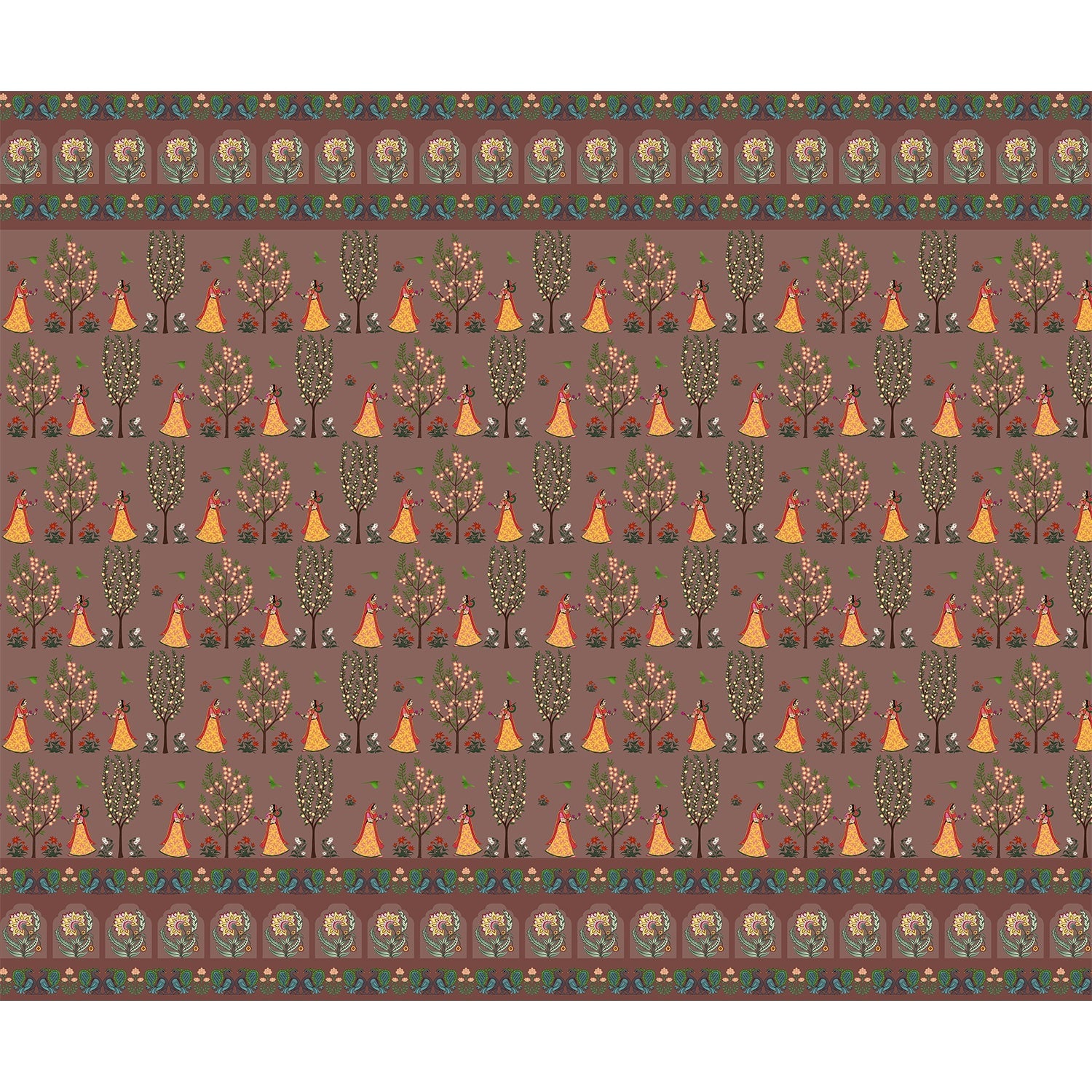 "Ornamental tribal folk art in lea - mughal wallpaper mural-equal final"