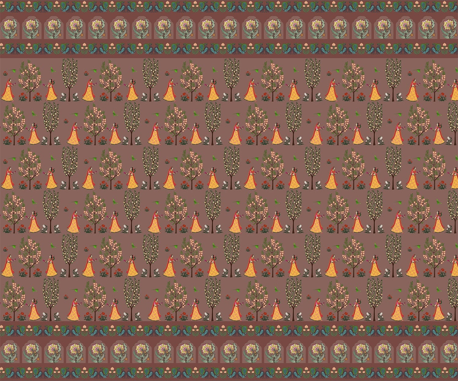 "Ornamental tribal folk art in lea - mughal wallpaper mural-inequal final"