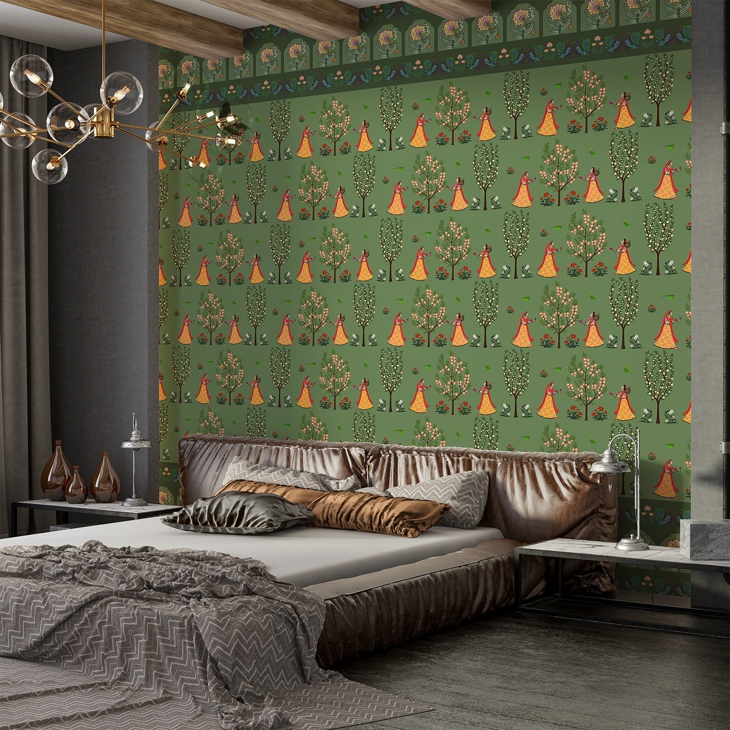 Repeating pattern of orange teepees and decorative trees on brown background with traditional border - view 7 - final