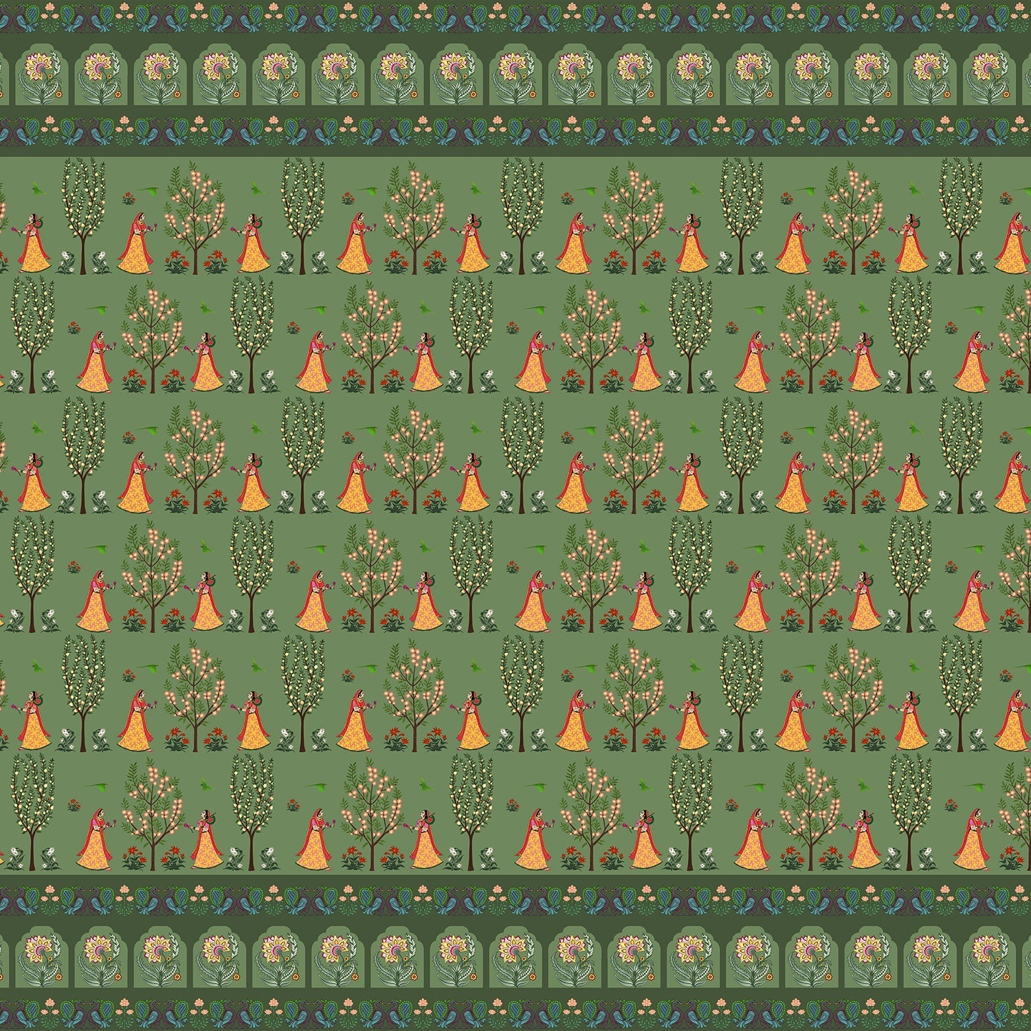 Repeating pattern of orange teepees and decorative trees on brown background with traditional border - view 8 - final