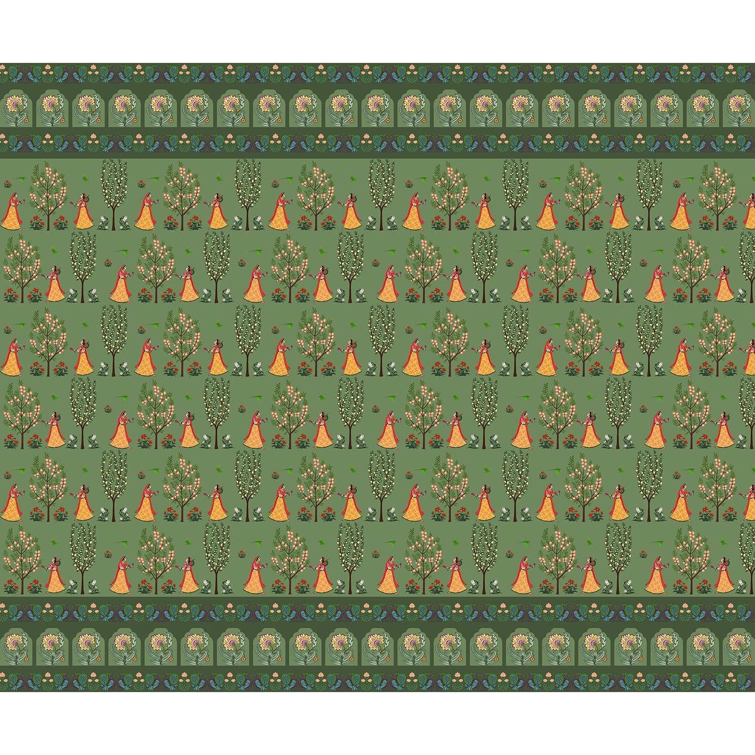 "Ornamental tribal folk art in lea - mughal wallpaper mural-equal final"