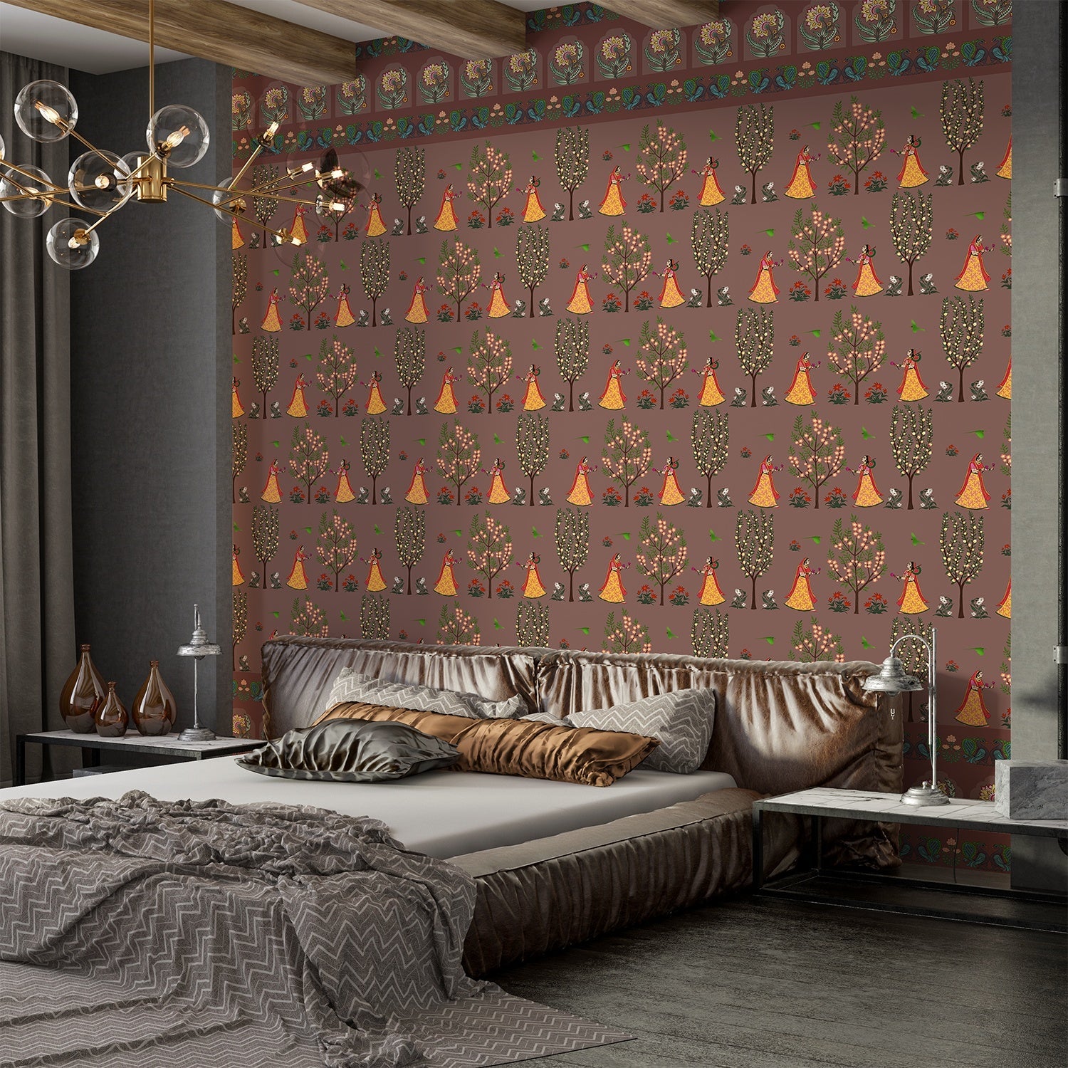 Repeating pattern of orange teepees and decorative trees on brown background with traditional border - final bed-room