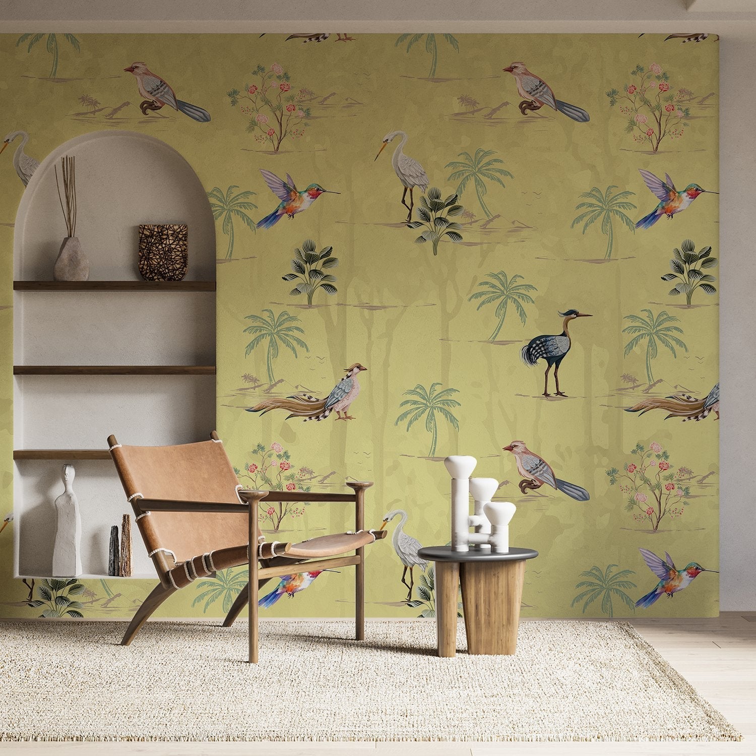 Delicate watercolor birds and palm trees on cream background with botanical tropical elements - view 10 - final