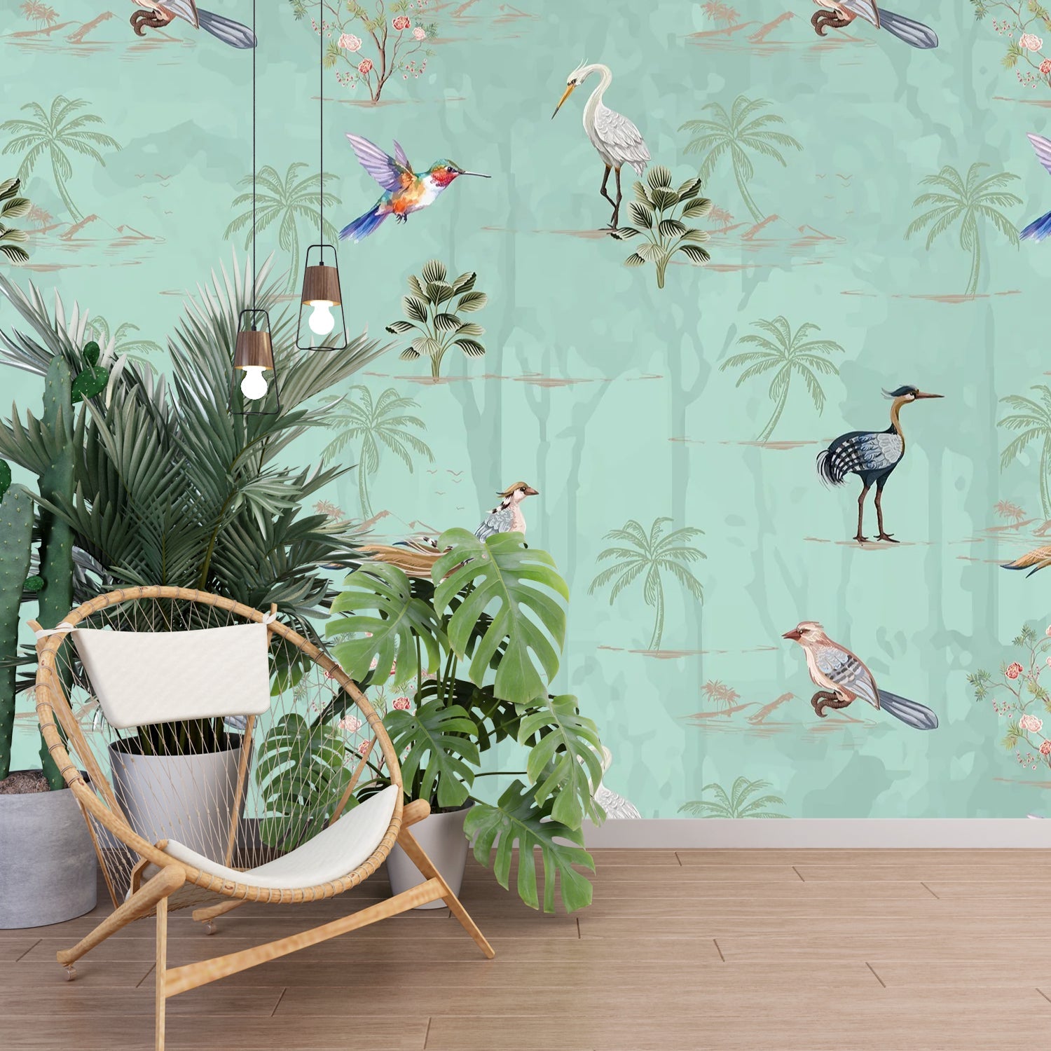 Delicate watercolor birds and palm trees on cream background with botanical tropical elements - view 13 - final