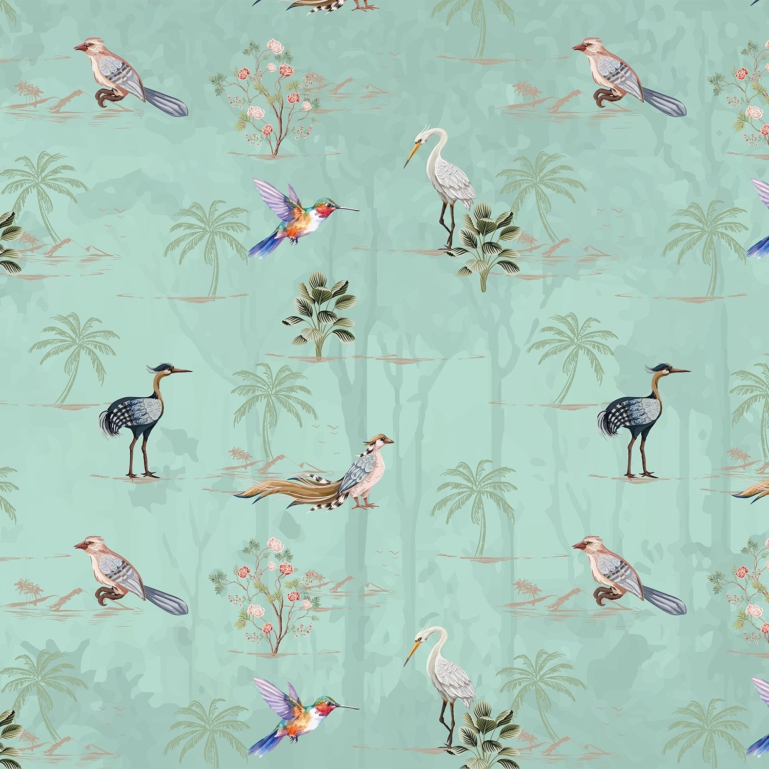 Delicate watercolor birds and palm trees on cream background with botanical tropical elements - view 14 - final