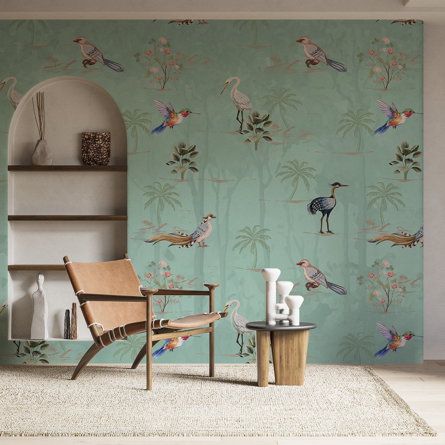 Delicate watercolor birds and palm trees on cream background with botanical tropical elements - view 15 - final