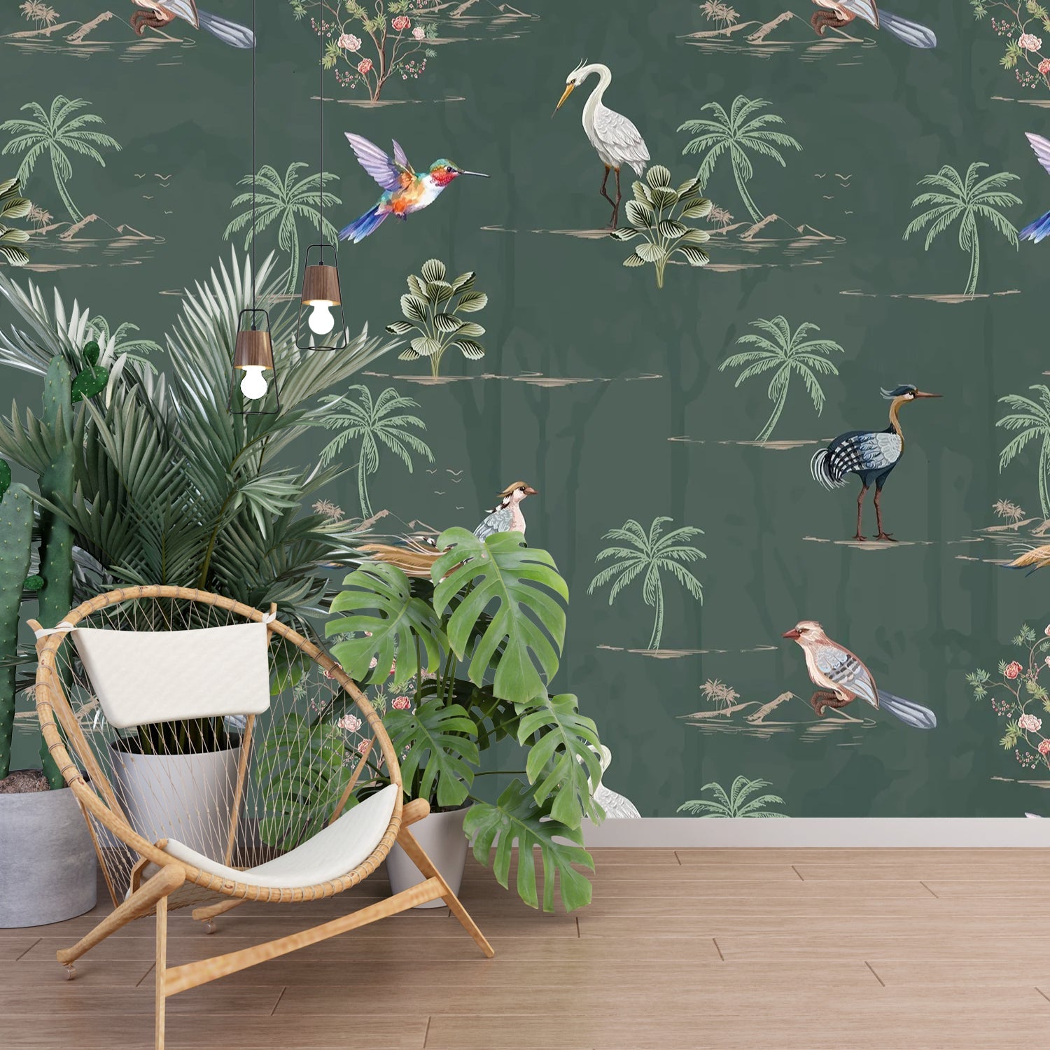 Delicate watercolor birds and palm trees on cream background with botanical tropical elements - view 18 - final