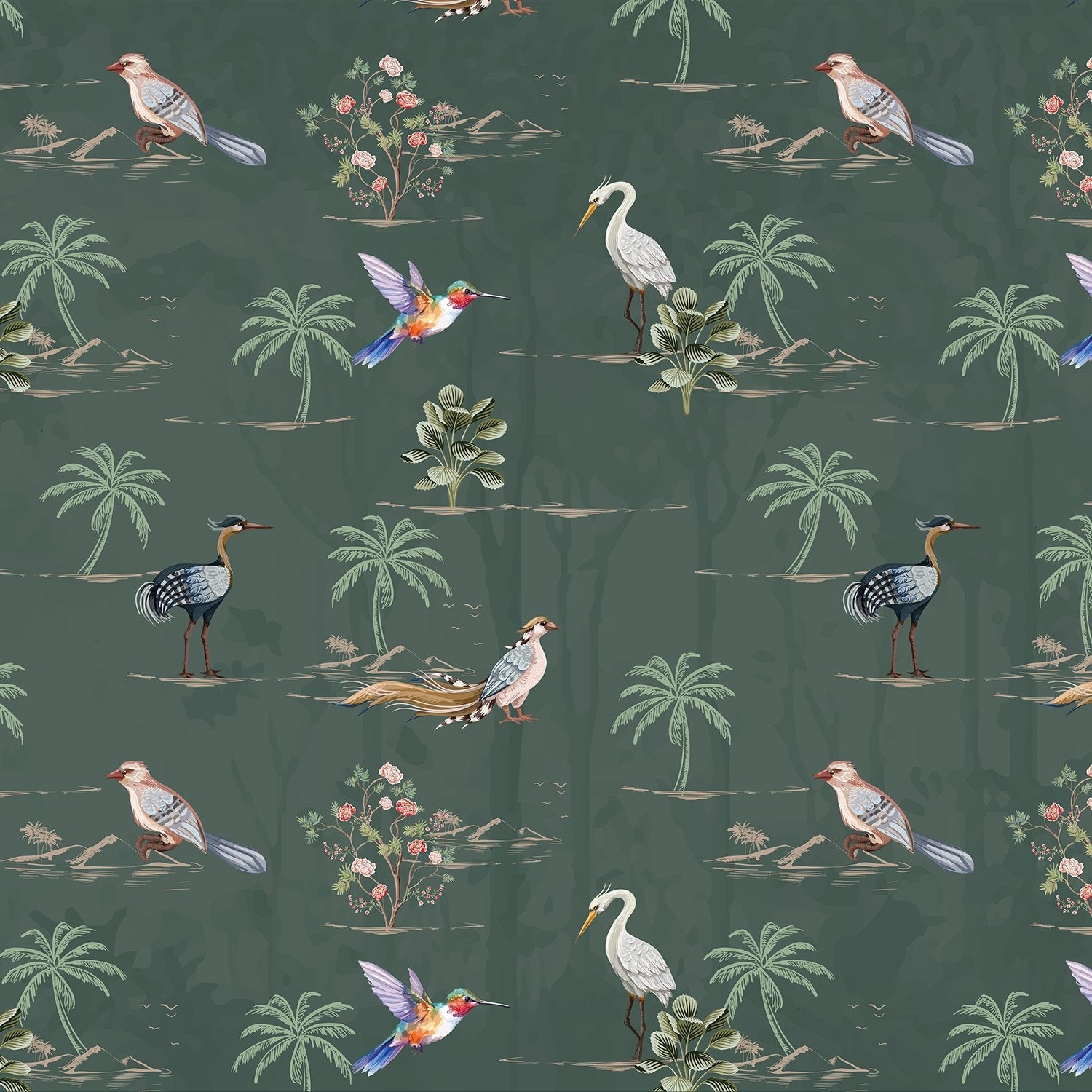 Delicate watercolor birds and palm trees on cream background with botanical tropical elements - view 19 - final