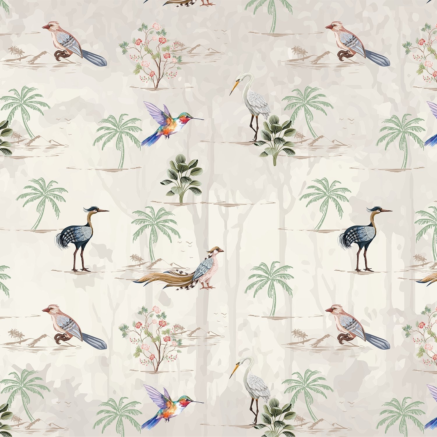 Delicate watercolor birds and palm trees on cream background with botanical tropical elements - view 2 - final