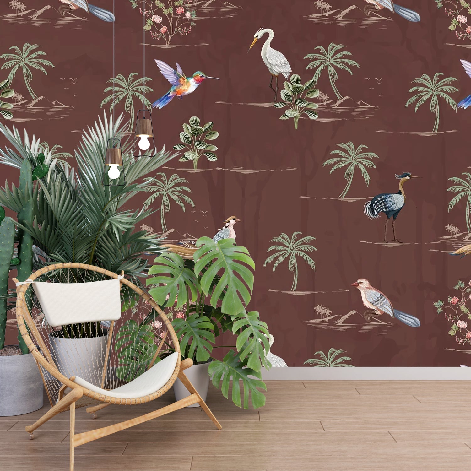 Delicate watercolor birds and palm trees on cream background with botanical tropical elements - view 23 - final