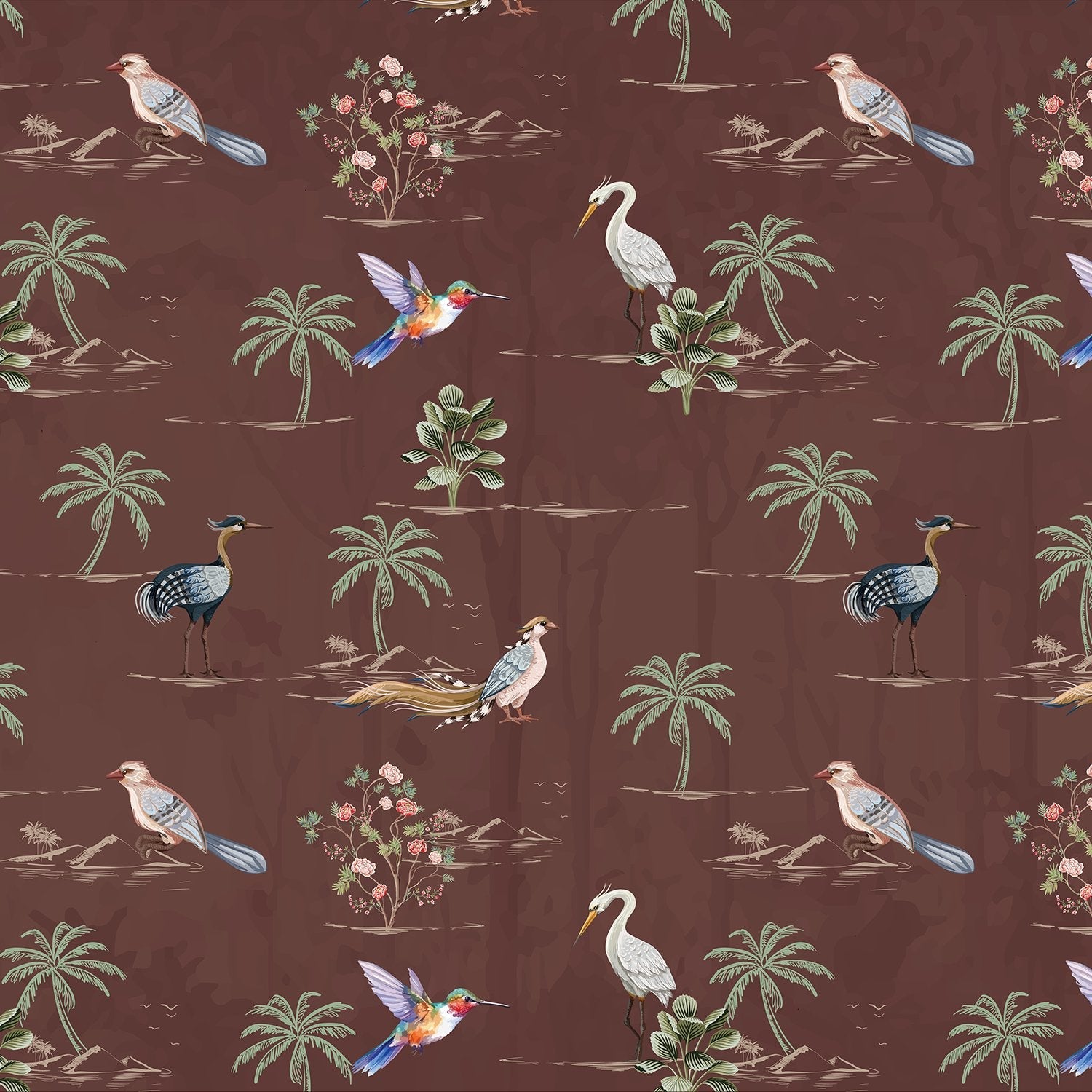 Delicate watercolor birds and palm trees on cream background with botanical tropical elements - view 24 - final