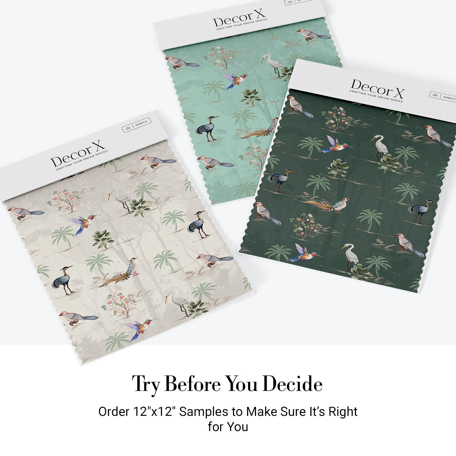 Delicate watercolor birds and palm trees on cream background with botanical tropical elements - view 28 - final all-groups samples