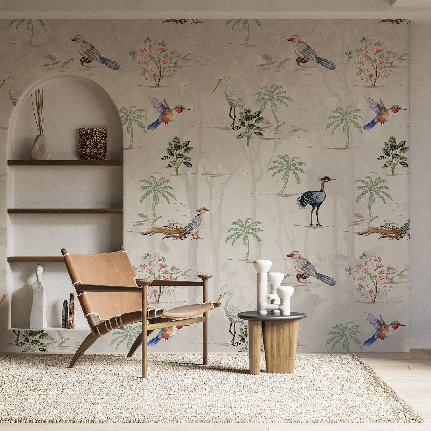 Delicate watercolor birds and palm trees on cream background with botanical tropical elements - view 3 - final foyer