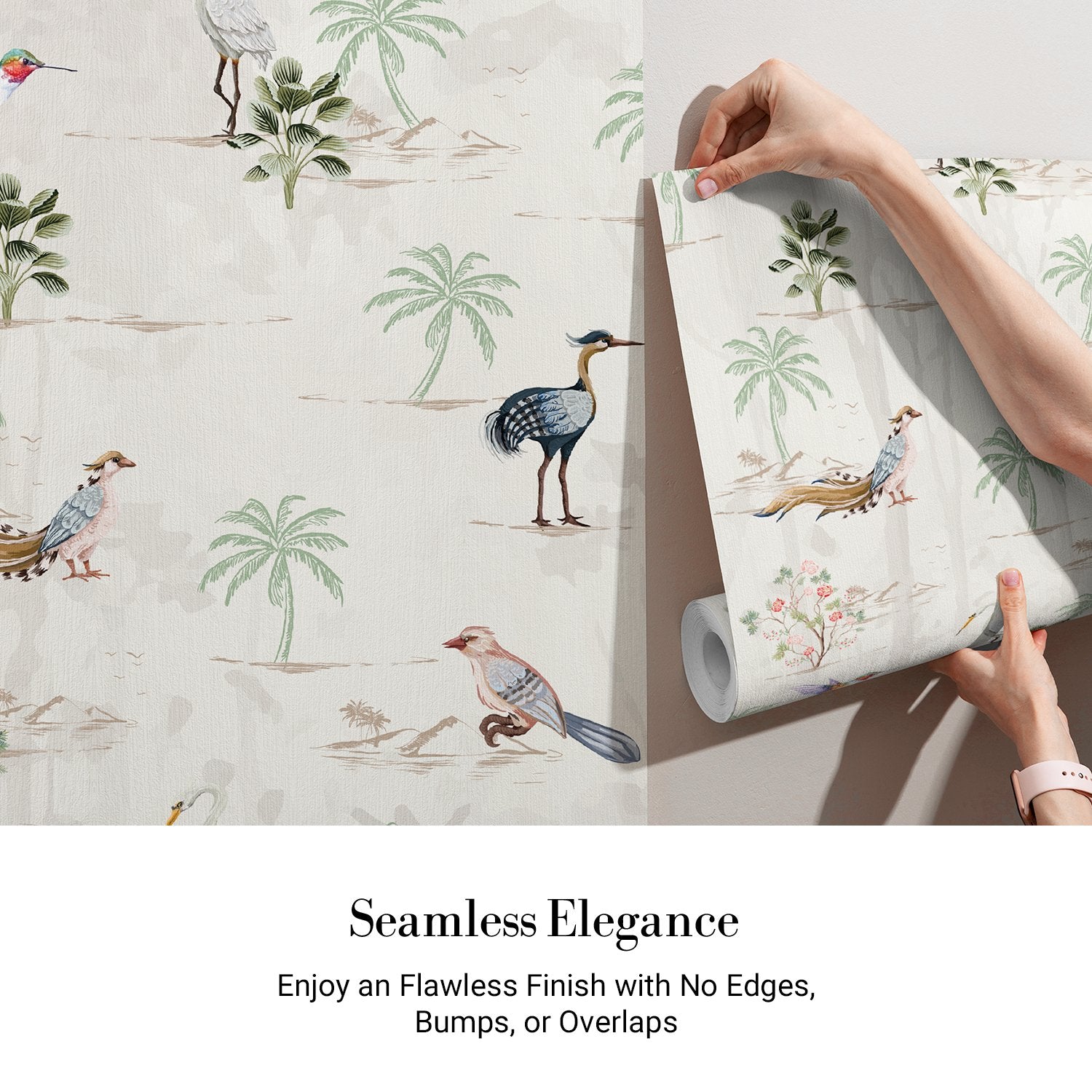 Delicate watercolor birds and palm trees on cream background with botanical tropical elements - view 4 - final