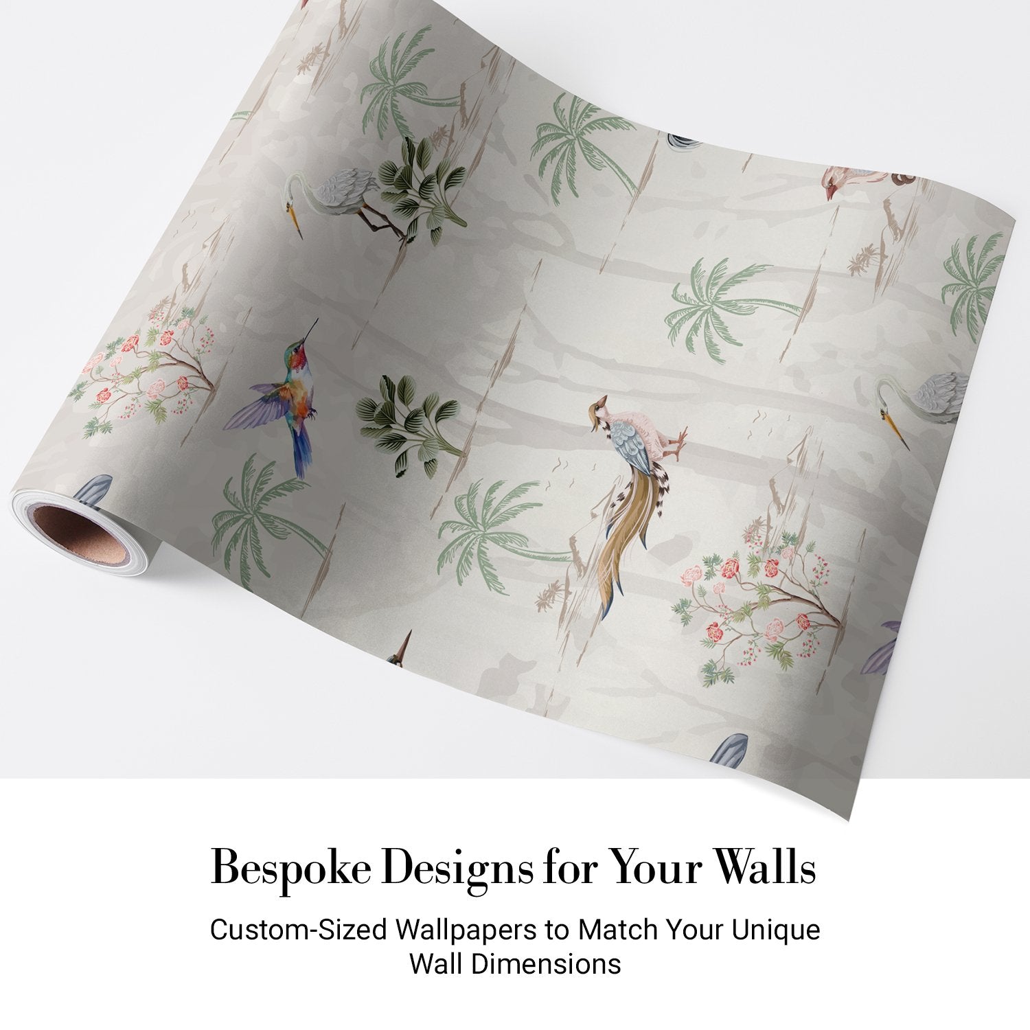 Delicate watercolor birds and palm trees on cream background with botanical tropical elements - view 5 - final