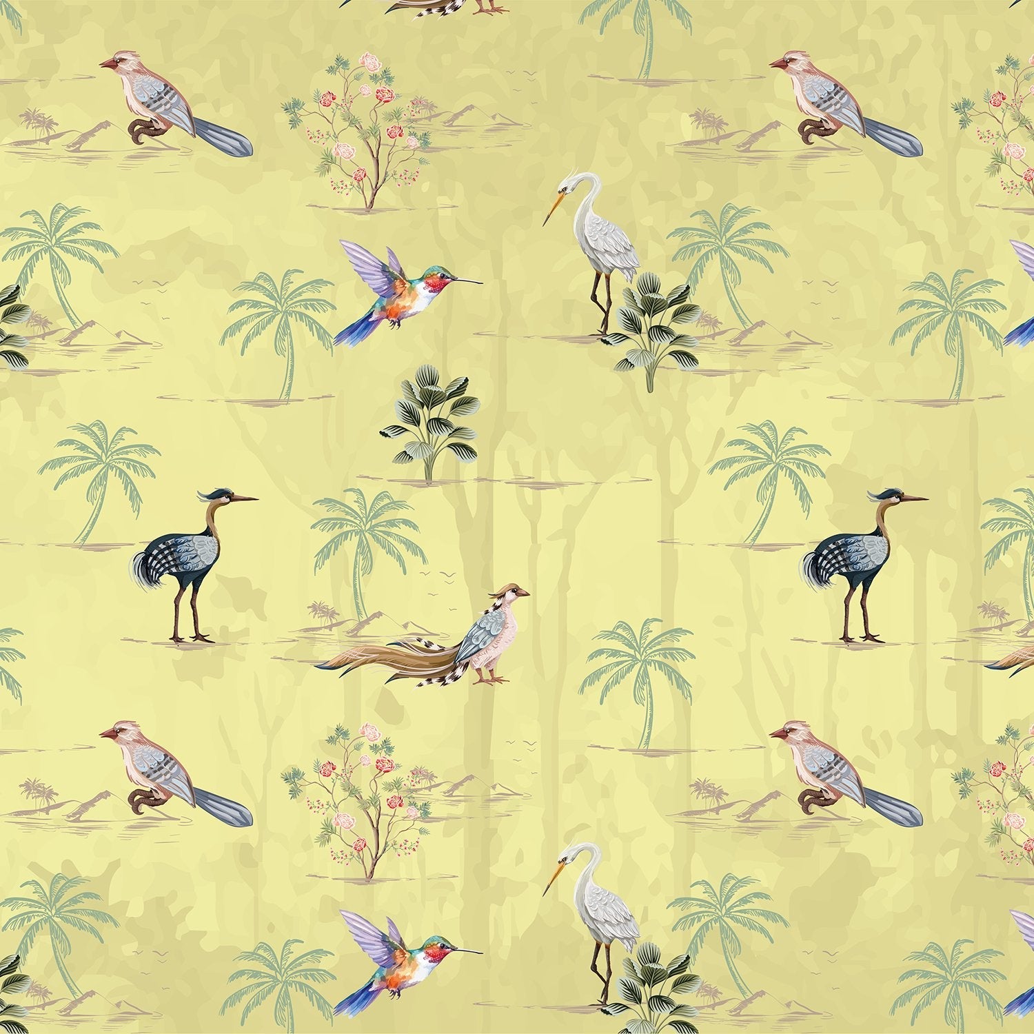 Delicate watercolor birds and palm trees on cream background with botanical tropical elements - view 8 - final