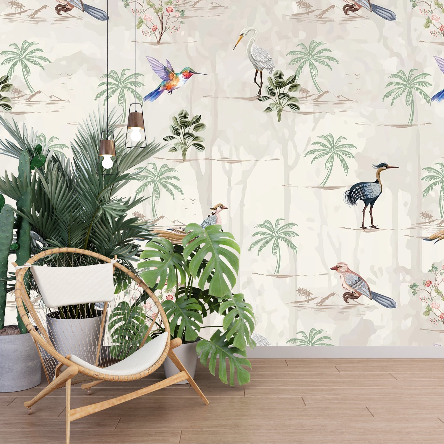 Delicate watercolor birds and palm trees on cream background with botanical tropical elements - final hobby-room