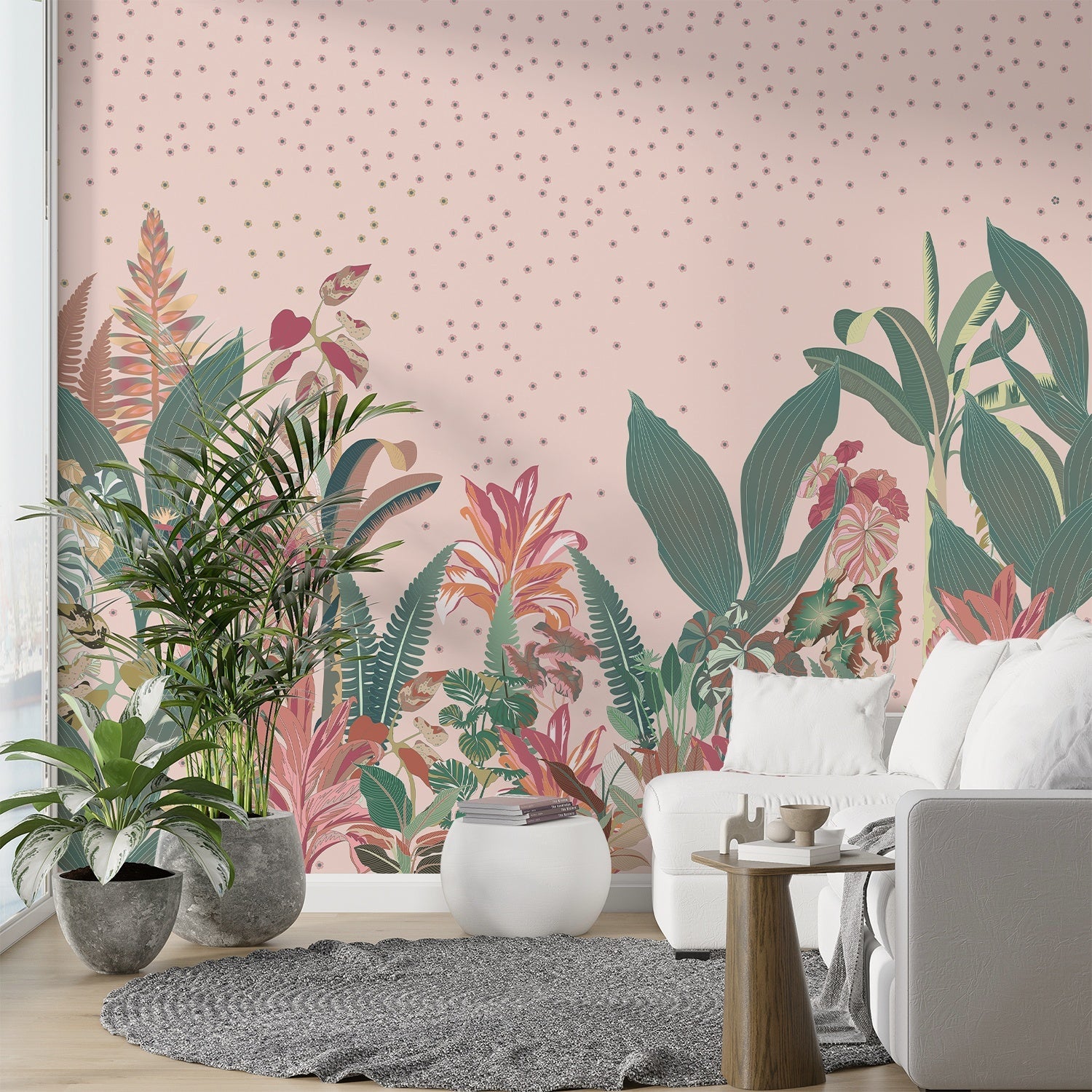 Soft tropical foliage scene with sage green palms and coral accents on dotted background - view 11 - final