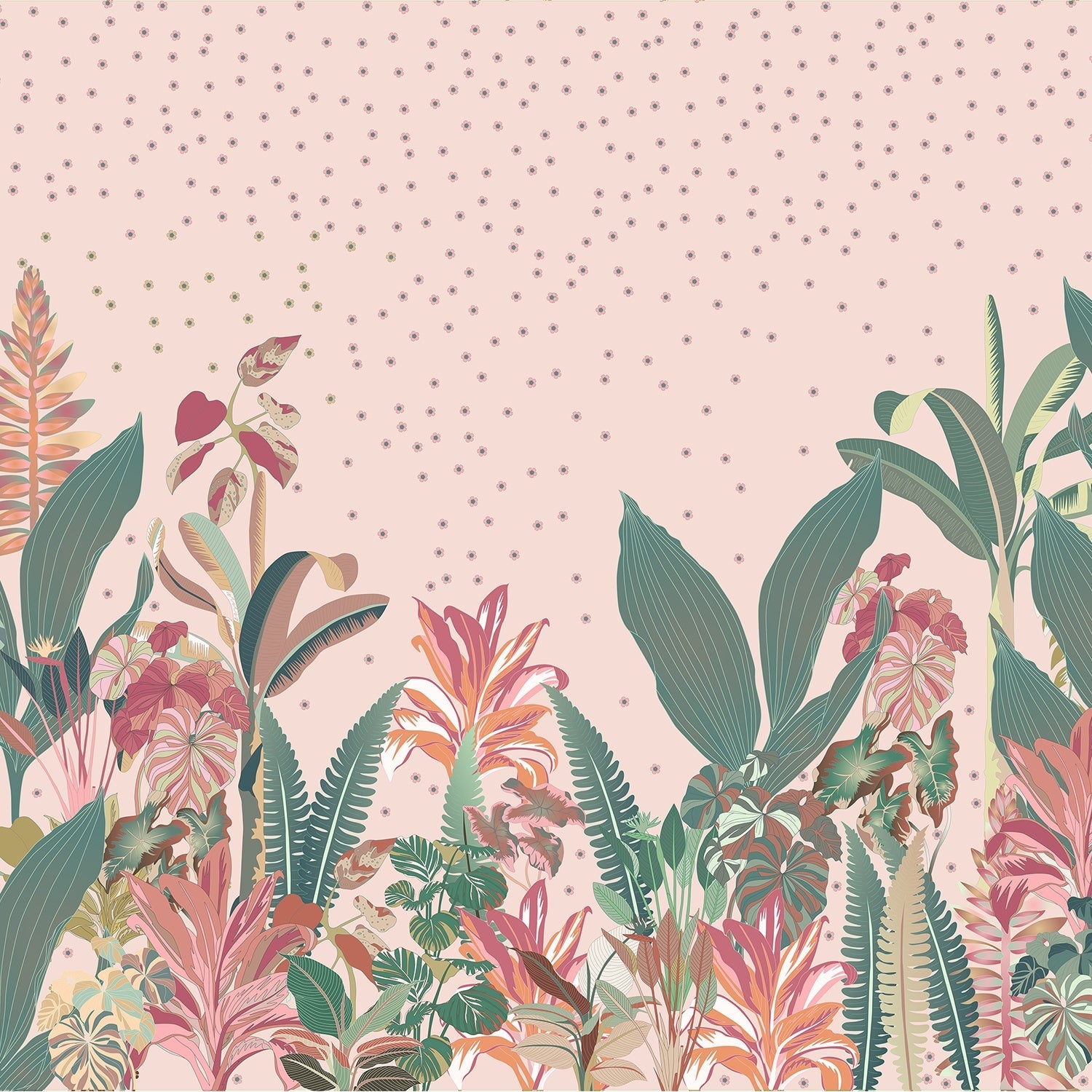 Soft tropical foliage scene with sage green palms and coral accents on dotted background - view 12 - final