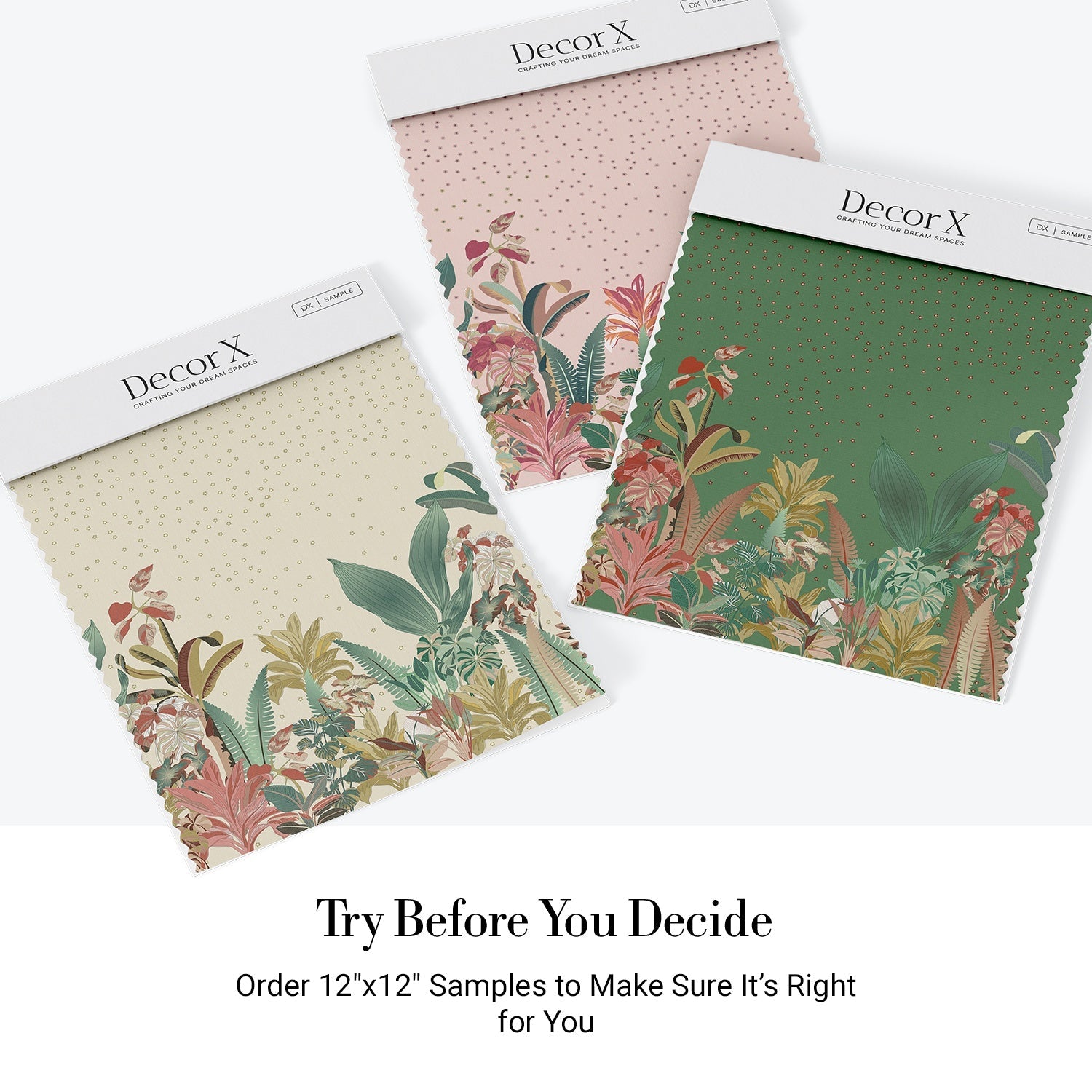 Soft tropical foliage scene with sage green palms and coral accents on dotted background - view 15 - final all-groups samples