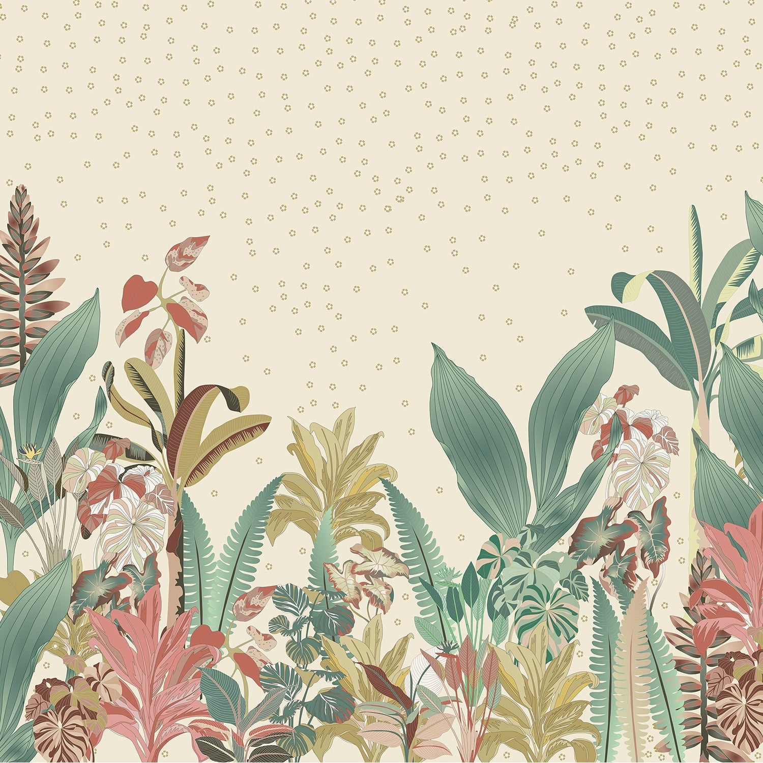 Soft tropical foliage scene with sage green palms and coral accents on dotted background - view 2 - final