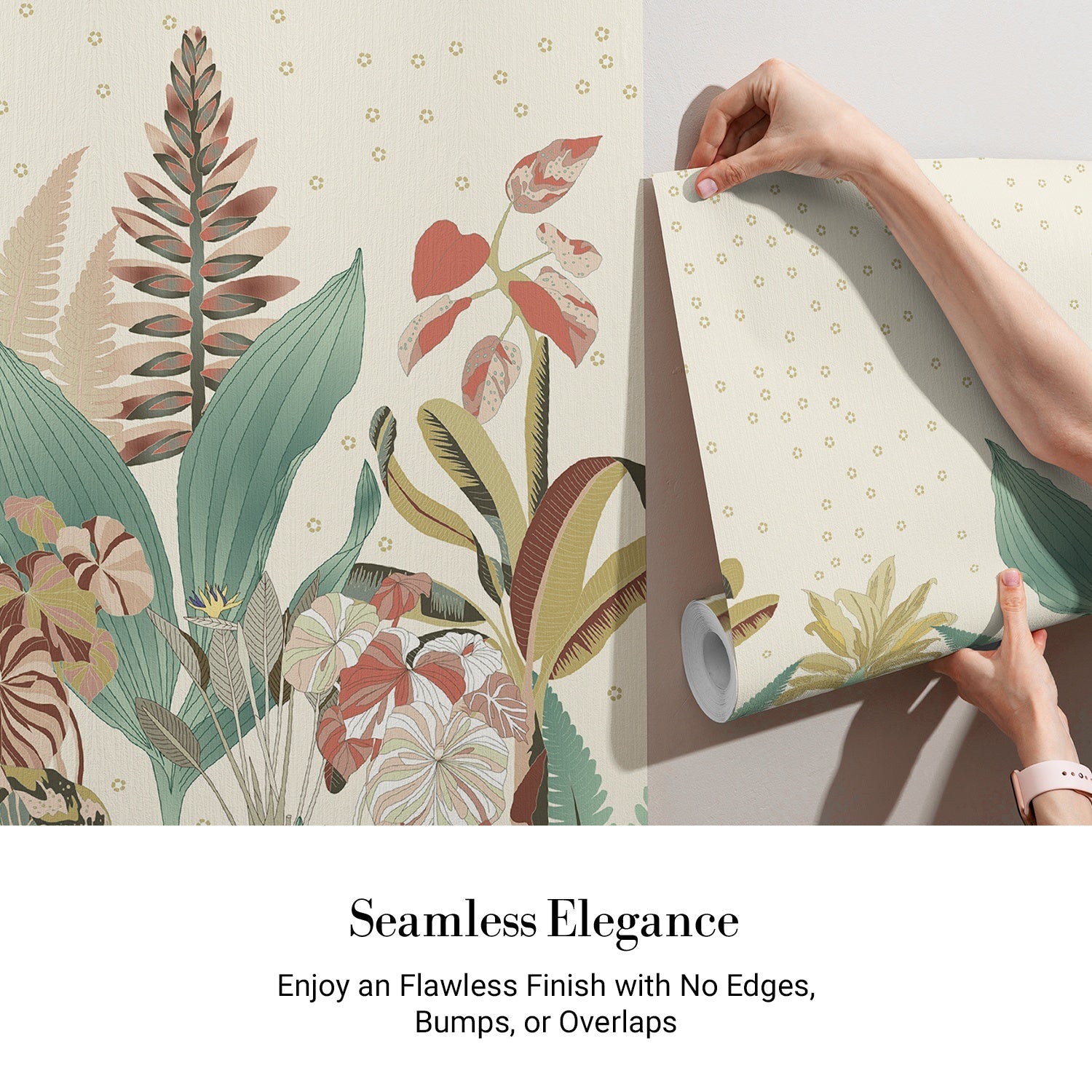 Soft tropical foliage scene with sage green palms and coral accents on dotted background - view 3 - final