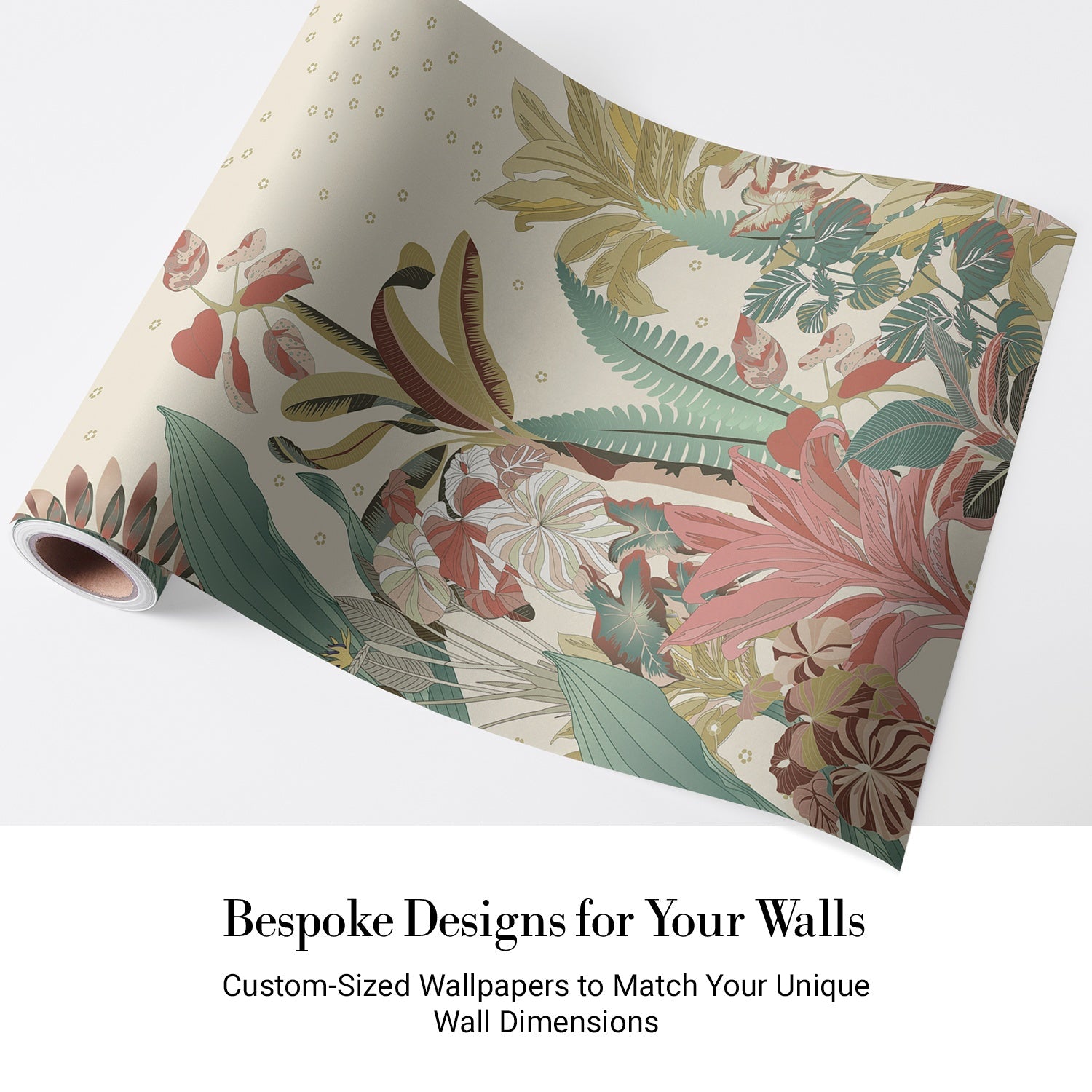 Soft tropical foliage scene with sage green palms and coral accents on dotted background - view 4 - final