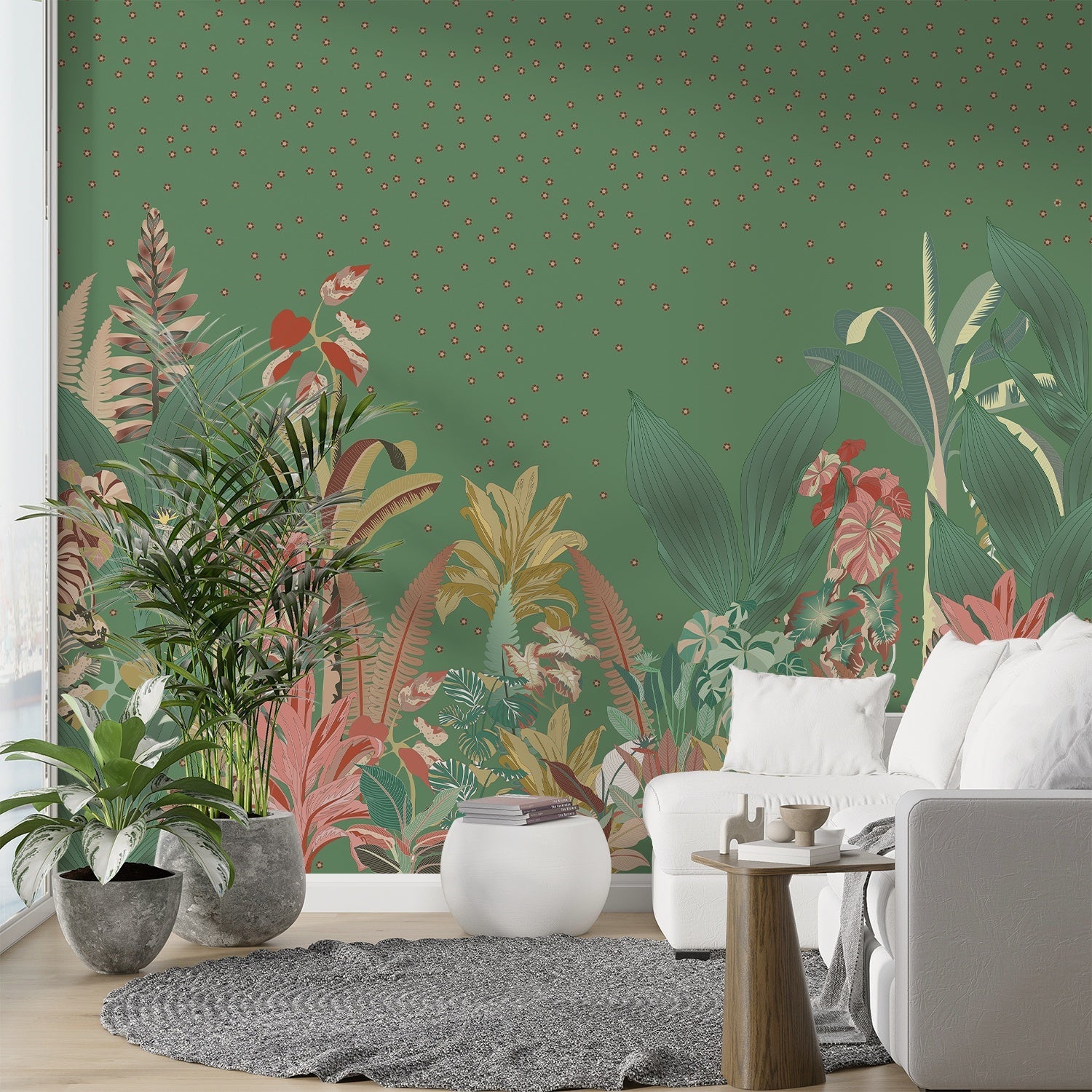 Soft tropical foliage scene with sage green palms and coral accents on dotted background - view 7 - final