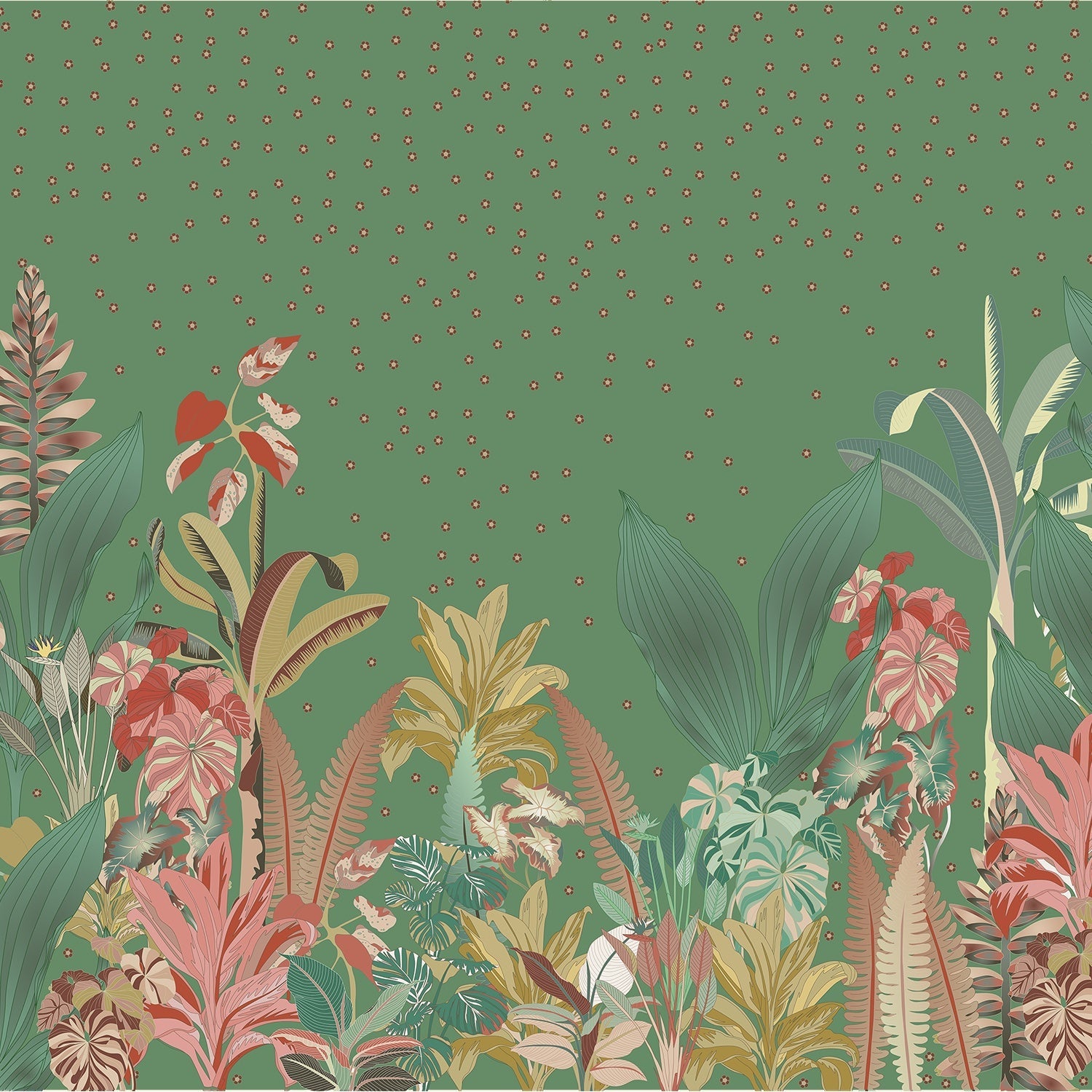 Soft tropical foliage scene with sage green palms and coral accents on dotted background - view 8 - final