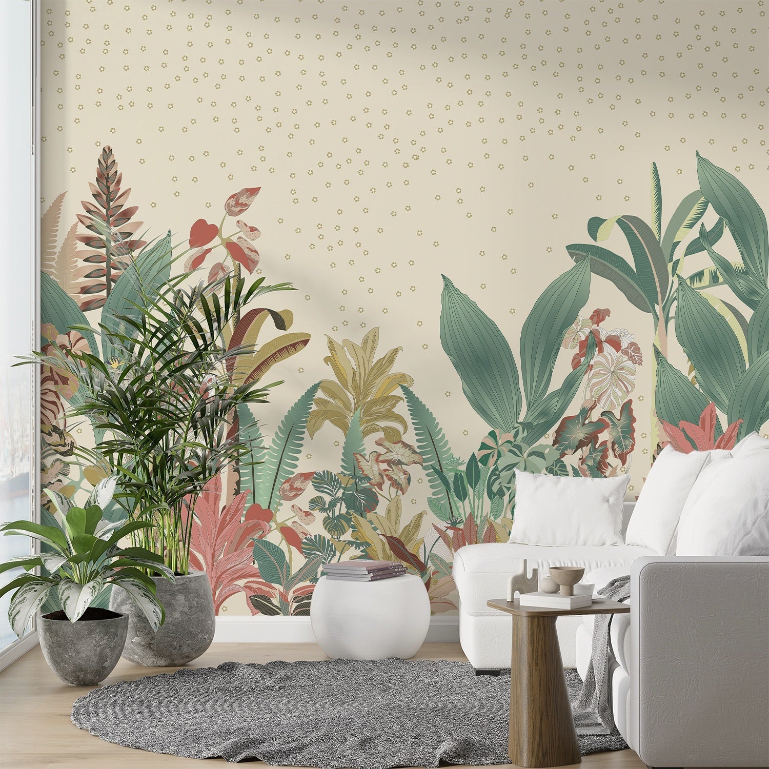 Soft tropical foliage scene with sage green palms and coral accents on dotted background - final living-room