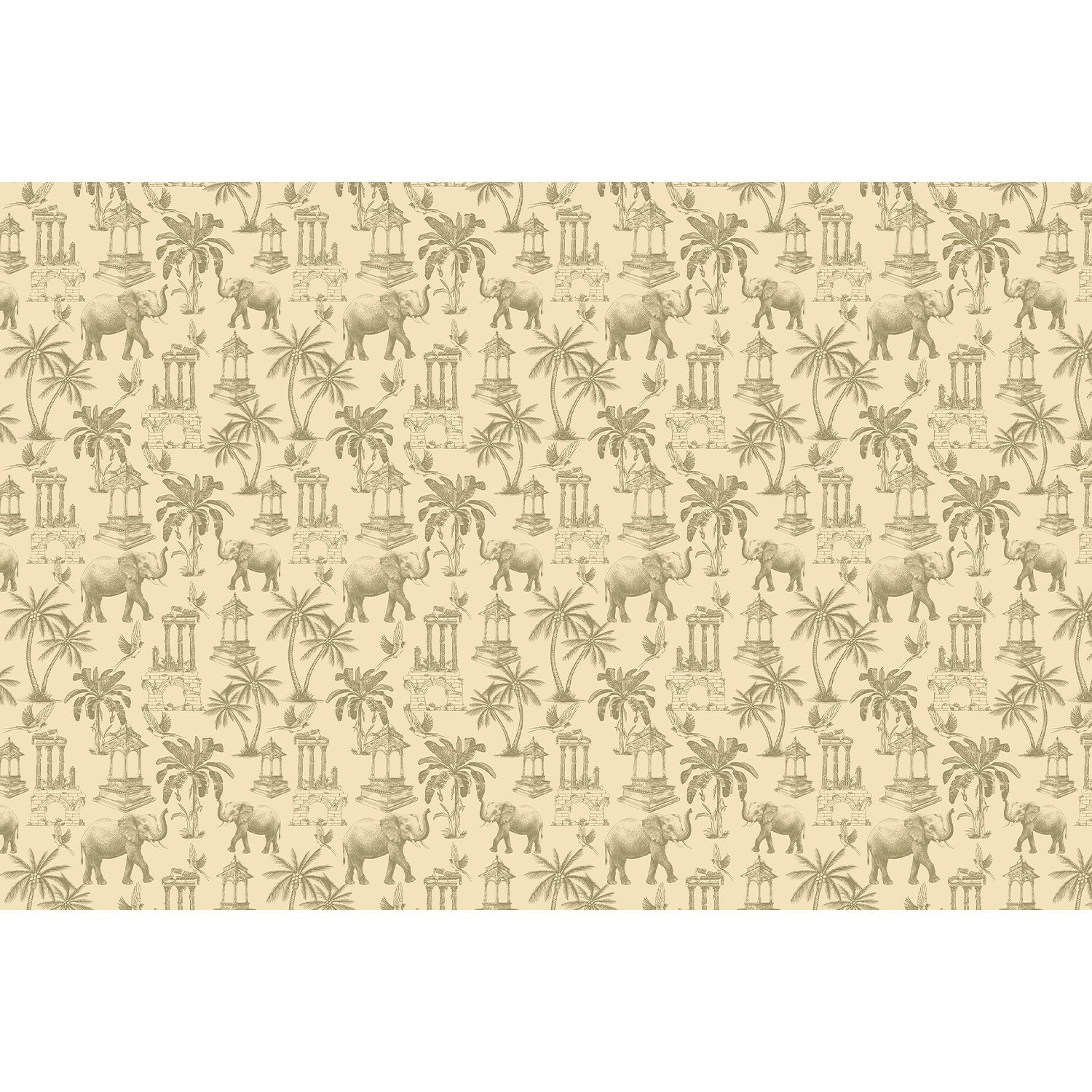 Navy blue toile pattern featuring elephants, palm trees and classical monuments on white background - view 10 - final