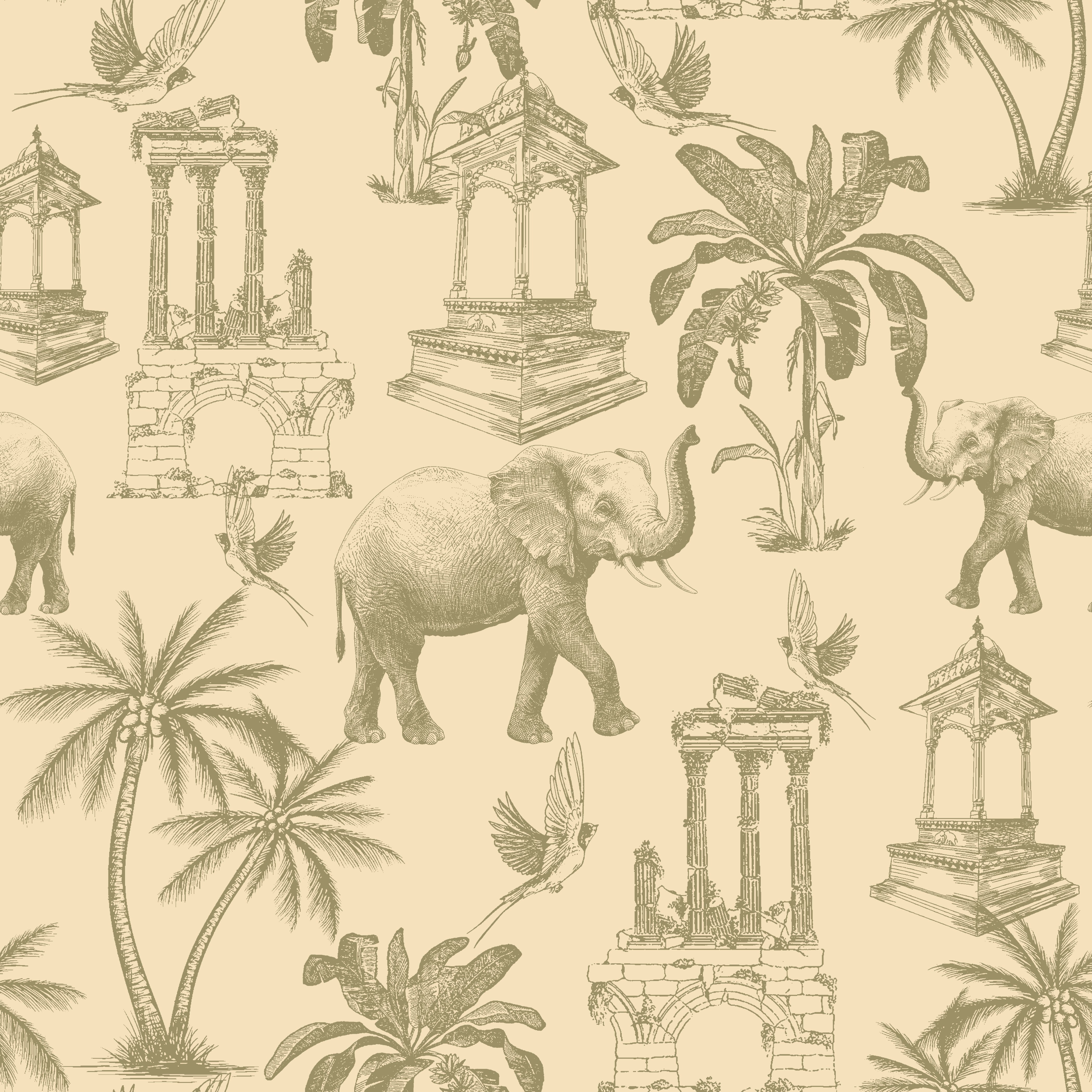 Navy blue toile pattern featuring elephants, palm trees and classical monuments on white background - view 11 - repeat-original - final