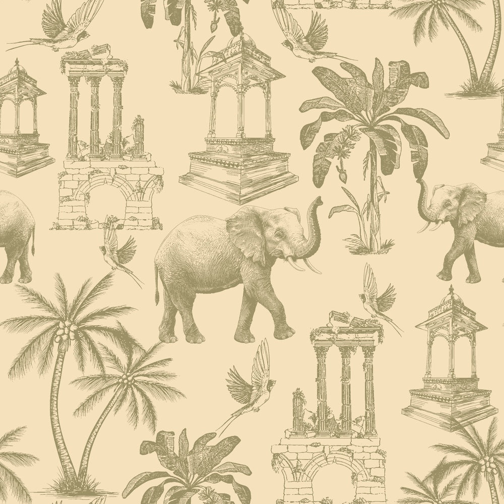 Navy blue toile pattern featuring elephants, palm trees and classical monuments on white background - view 12 - repeat-small - final